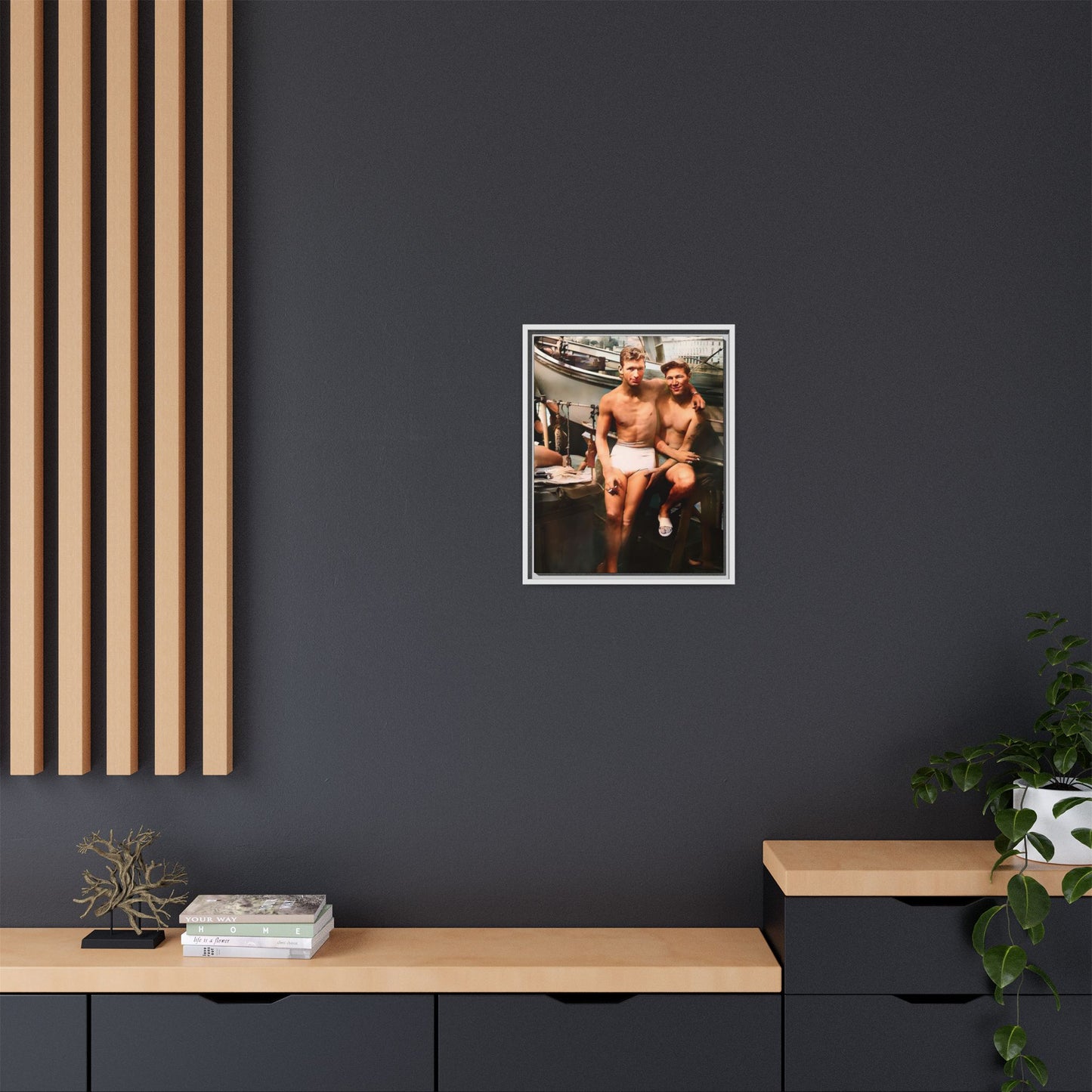 A framed vintage nautical portrait on matte canvas featuring Richard and Joey in Gulf Shores, Alabama, capturing timeless LGBTQ+ connection and coastal charm. Gay Couple