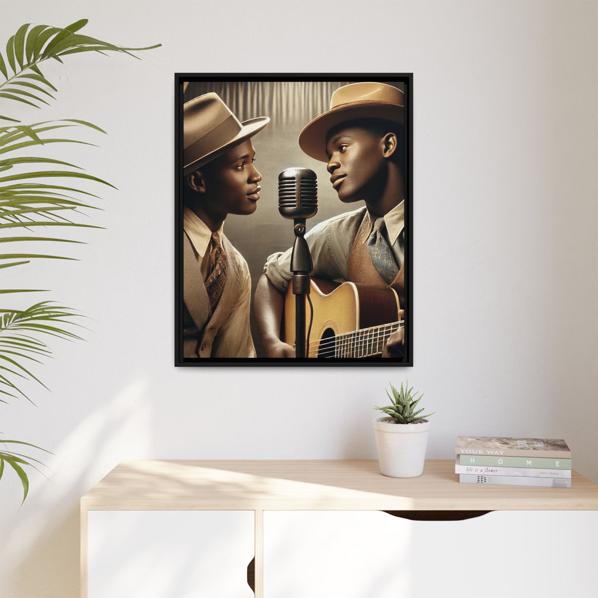 Artwork of an African-American gay couple recording a song in a 1930s-style studio. Dressed in vintage attire with fedoras and ties, they share a close, tender moment around a classic microphone, capturing love, music, and cultural heritage in a nostalgic setting