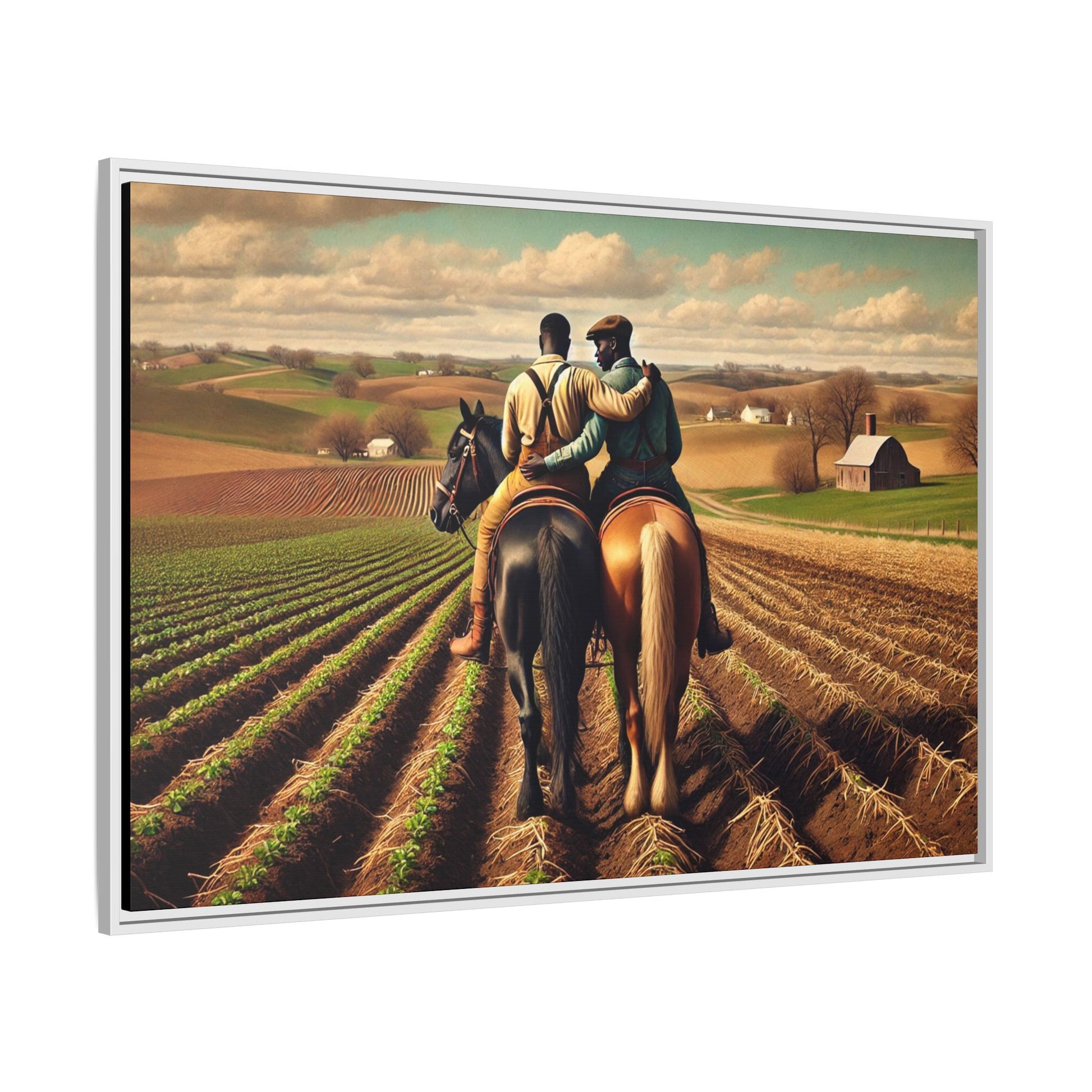 Artwork of an African-American gay couple riding horseback through expansive farmland, sharing a tender moment as they overlook lush fields. Dressed in rugged vintage attire, this scene captures resilience, love, and the charm of rural life, celebrating LGBTQ+ history and African-American heritage.