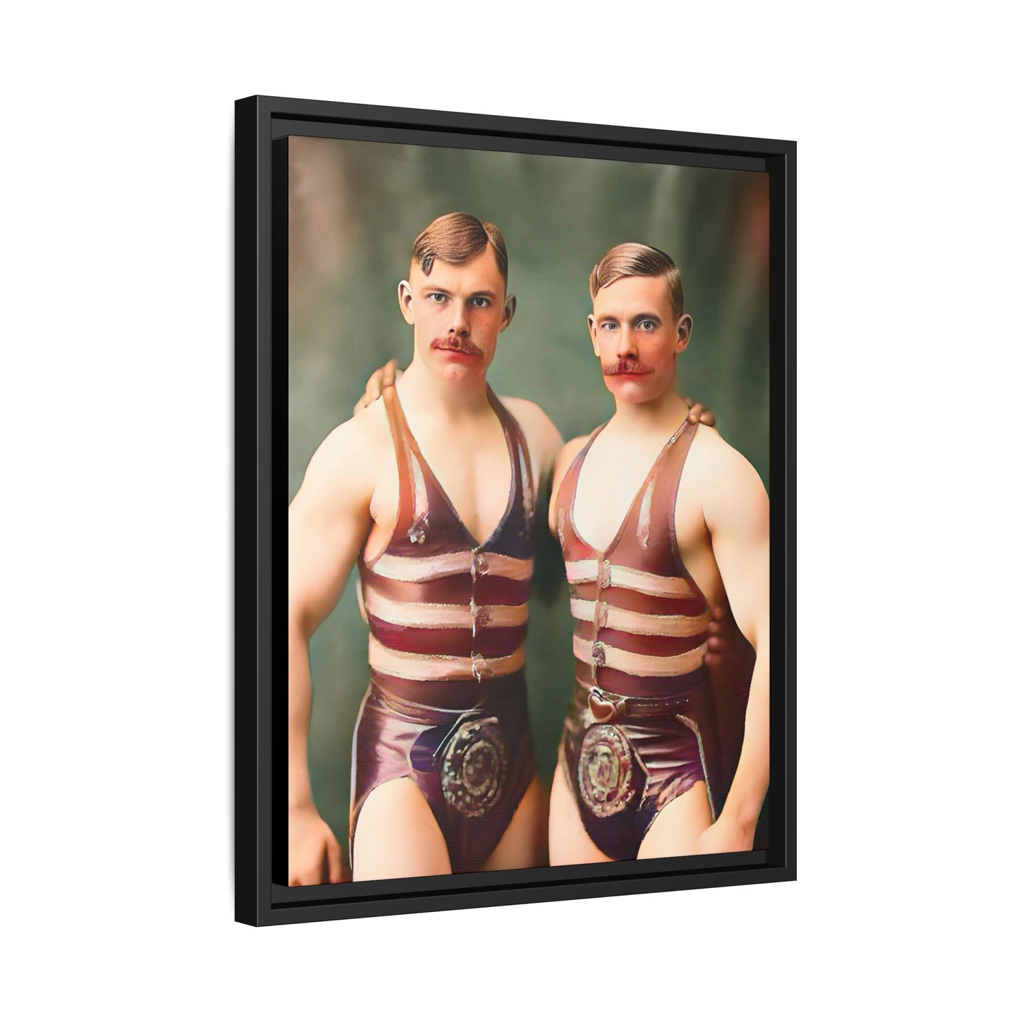 Restored early 1900s vintage photograph of Oscar and Herman in Pittsburgh, Pennsylvania, wearing striped singlets. Framed matte canvas art celebrating love, strength, and LGBTQ+ history. Gay Circus Couple Performers