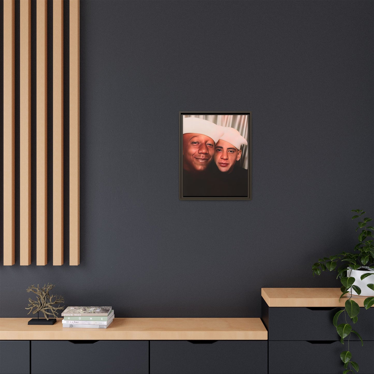 Restored vintage photo of Arthur & Marvin, WWII-era gay sailors in a photo booth, Daytona Beach FL, framed canvas art.