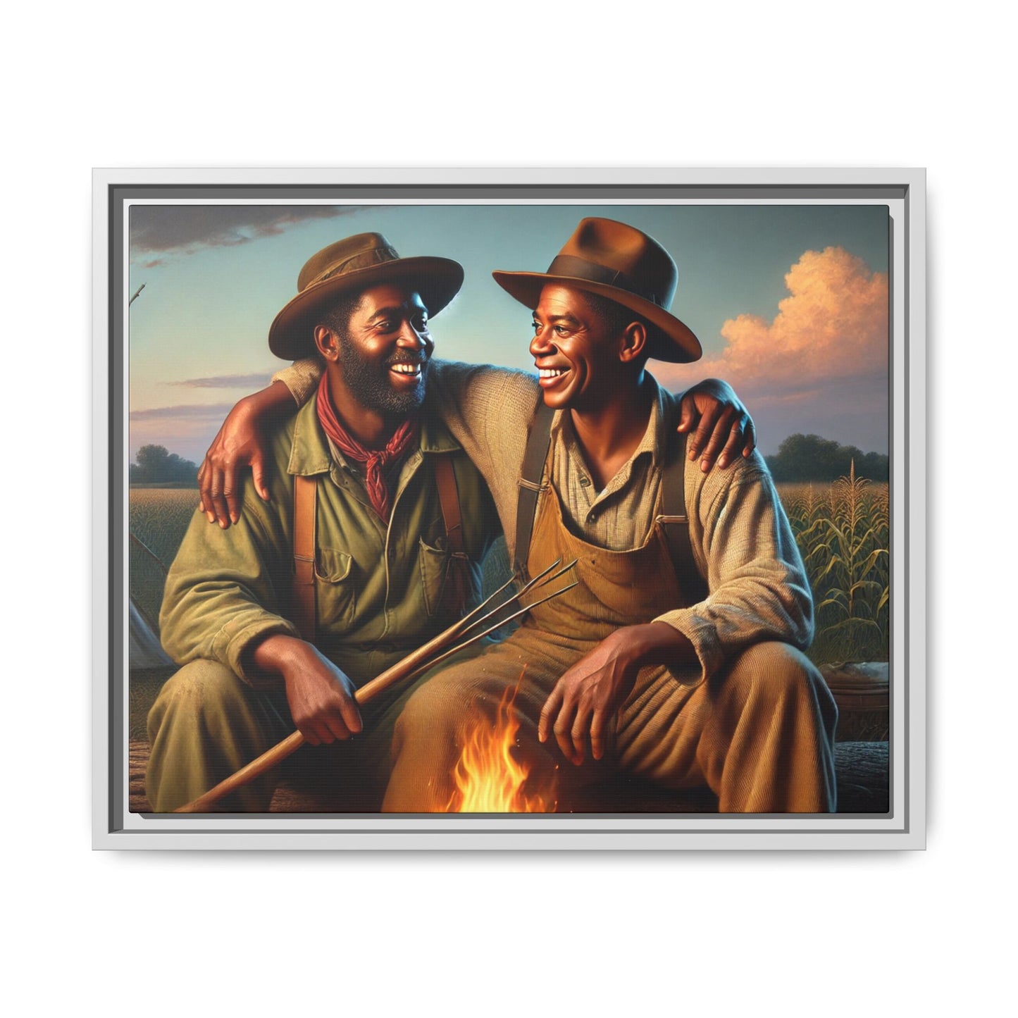 Artwork of an older African-American queer couple sharing a warm, joyful moment by a campfire in rural Iowa. Set against vast fields and an open sky, the scene captures love, resilience, and the nostalgic beauty of Americana, with firelight illuminating their laughter and companionship