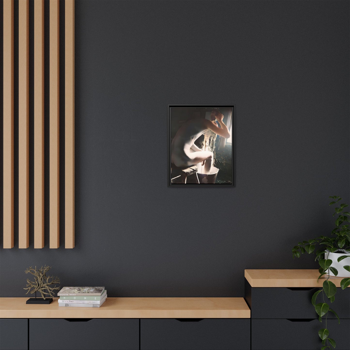 Restored early 20th-century photo of Roy during a rustic bathing ritual in Rock Springs, Wyoming, framed as wall décor celebrating simplicity and renewal.