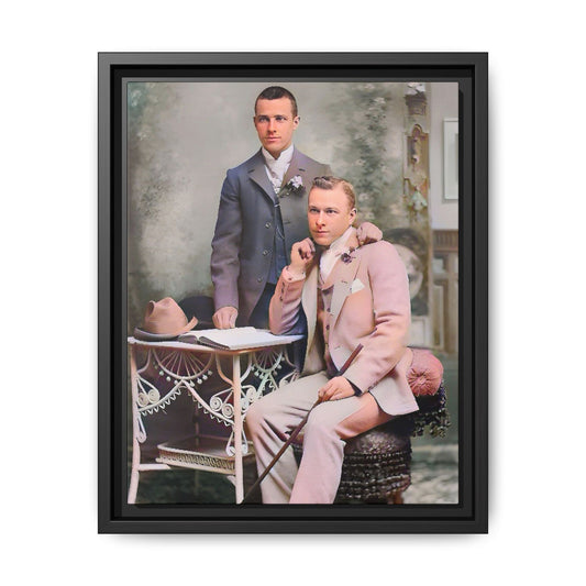 Restored early 1900s photo of Walt and Dewey in tailored suits, posed elegantly in Kansas City, celebrating LGBTQ+ love and resilience, framed as wall art. Gay Coup