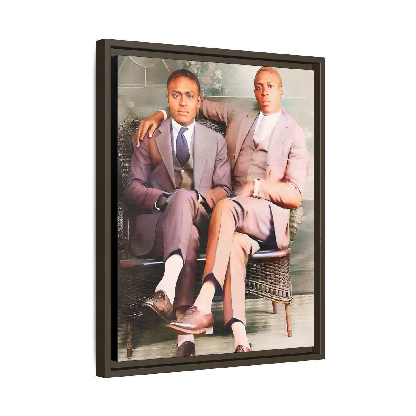 Restored vintage portrait of Walter & George, an African American gay couple seated in Birmingham AL, framed canvas art. Gay Juneteenth Black Love History Month