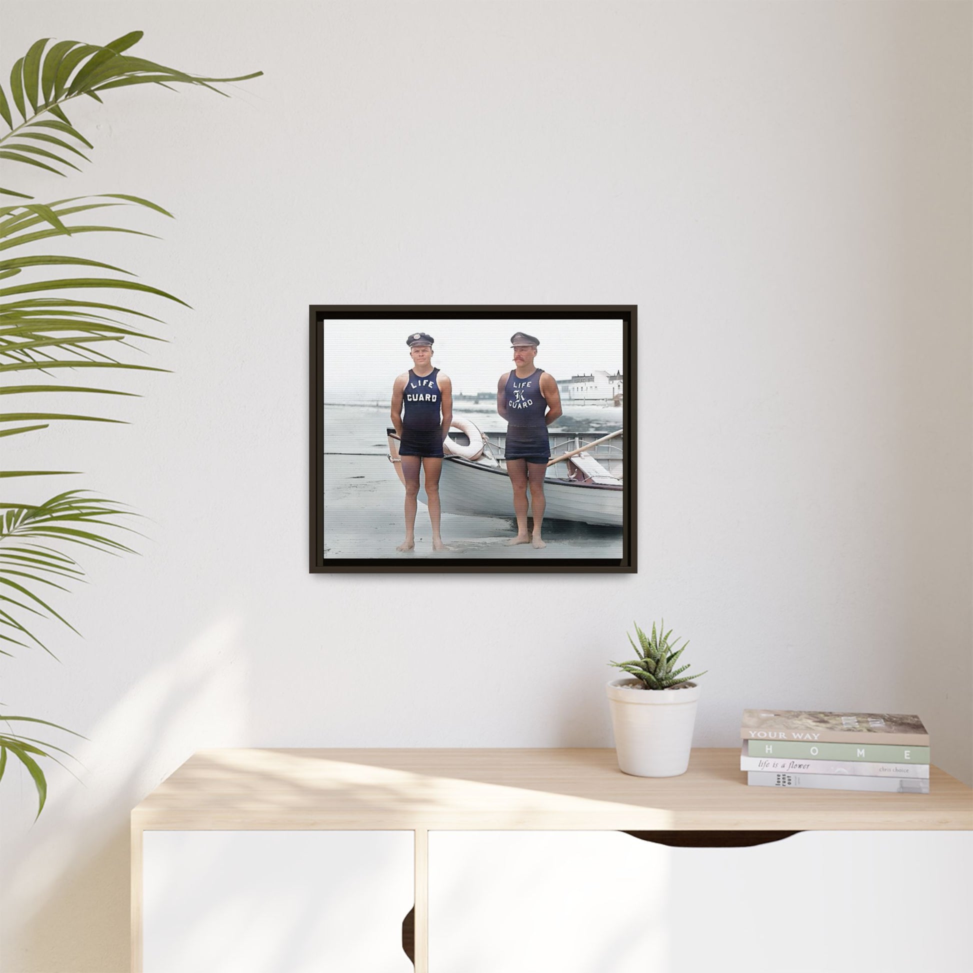 A nostalgic framed canvas print of vintage lifeguards in Cape May, NJ. This coastal artwork captures the charm of early 20th-century beach life, making it perfect for lovers of maritime history, seaside decor, and Americana enthusiasts.