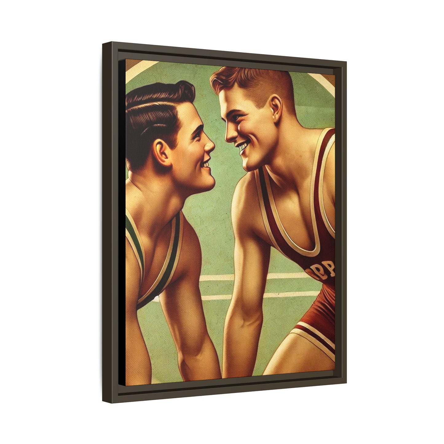 Framed artwork of two young wrestlers in vintage singlets on a stylized mat, inspired by Grant Wood's nostalgic Americana style.