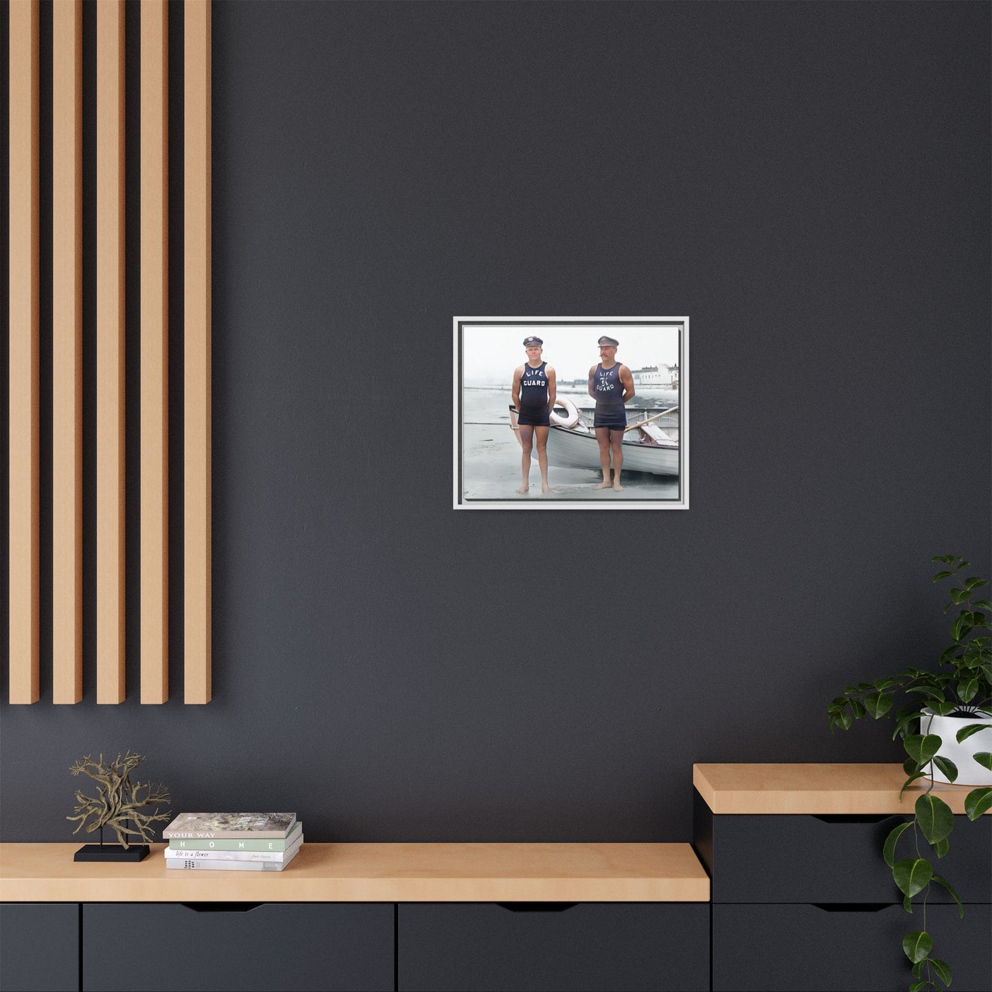 A nostalgic framed canvas print of vintage lifeguards in Cape May, NJ. This coastal artwork captures the charm of early 20th-century beach life, making it perfect for lovers of maritime history, seaside decor, and Americana enthusiasts.