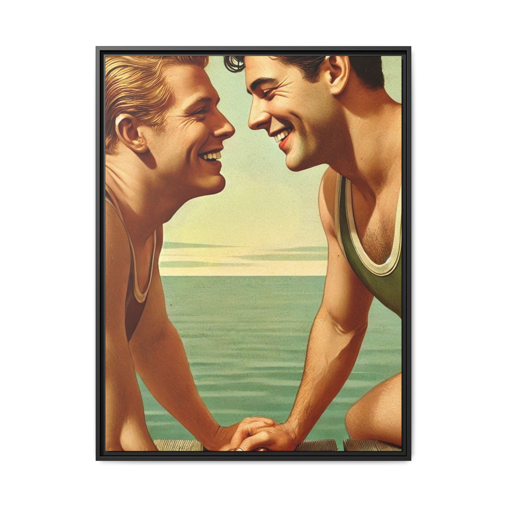 Vintage-style artwork of a joyful 1930s moment between a gay couple by the lake, dressed in classic swimwear and sharing warm smiles. Set on a serene wooden dock, this piece captures love, companionship, and LGBTQ+ history in an idyllic, nostalgic summer setting.