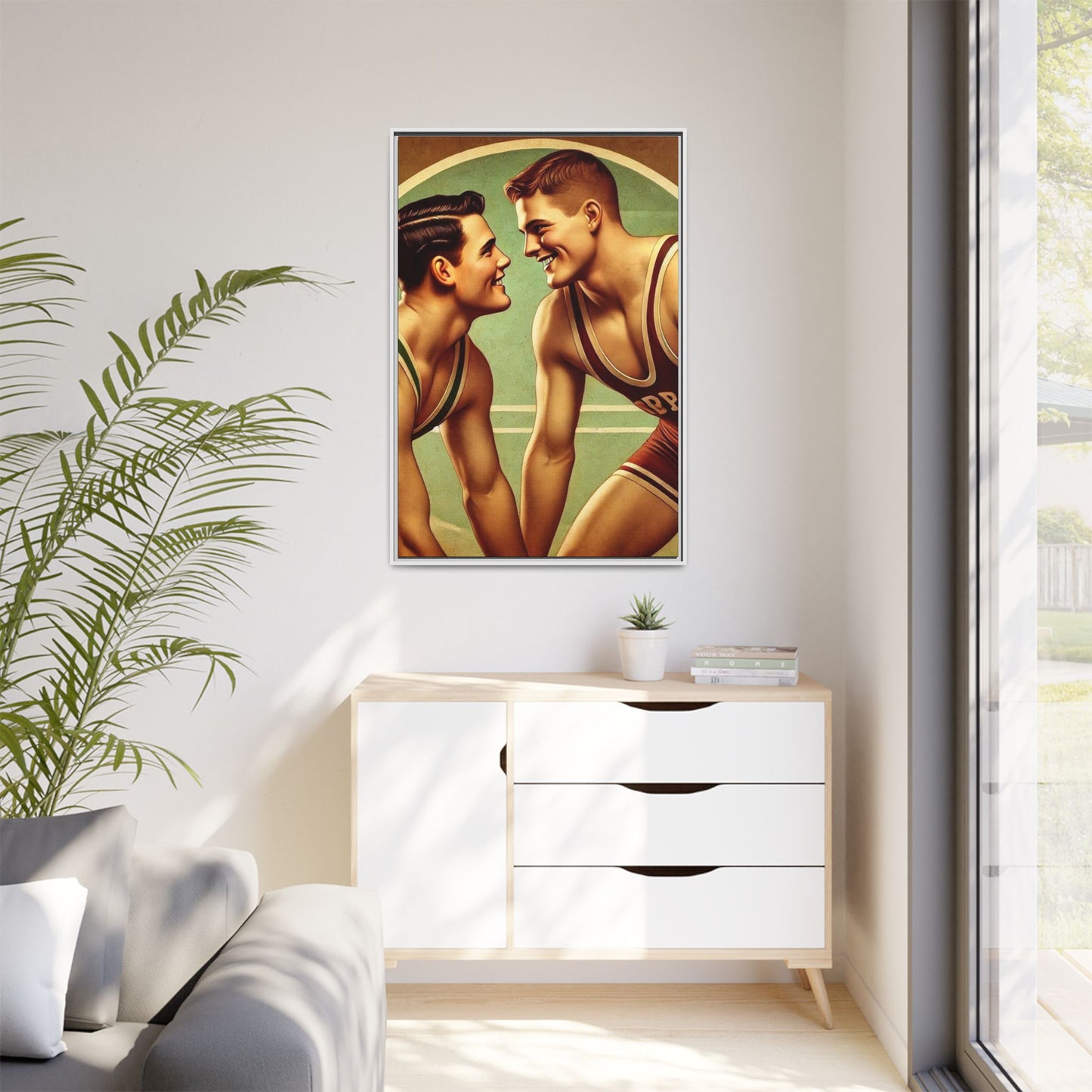 Framed artwork of two young wrestlers in vintage singlets on a stylized mat, inspired by Grant Wood's nostalgic Americana style.