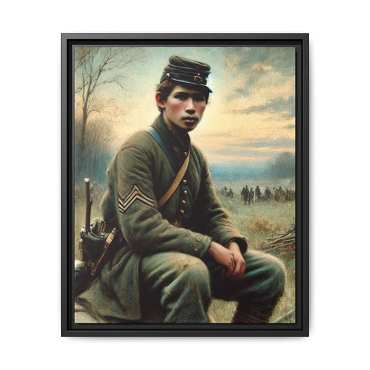 Framed artwork of a Civil War Union soldier inspired by Walt Whitman’s Leaves of Grass and Drum-Taps, depicting themes of sacrifice, strength, and vulnerability amidst a 19th-century battlefield. Grant Wood tribute