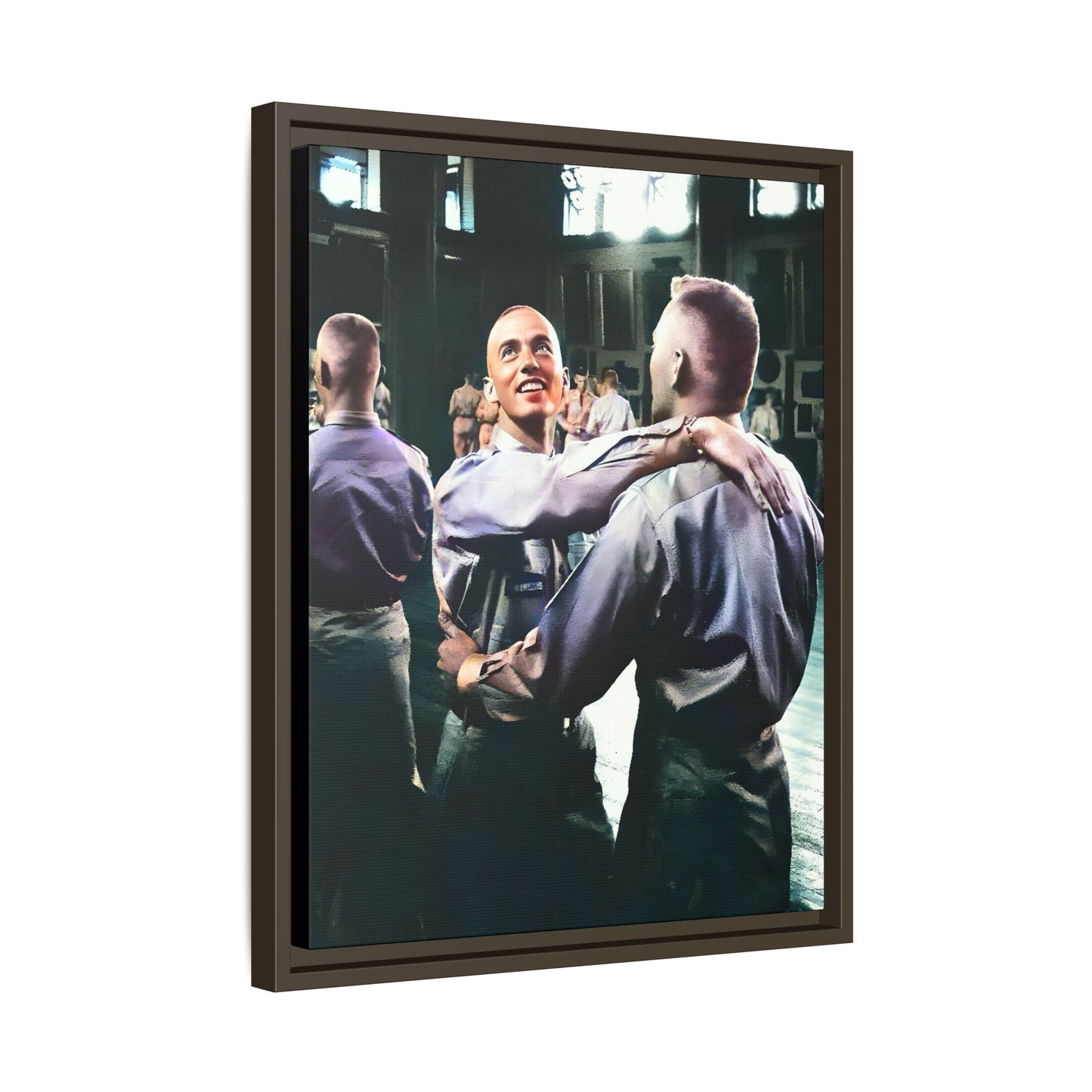 Restored mid-20th century photo of two men dancing at a USO event in Fort Belvoir, celebrating LGBTQ+ love and resilience, framed as wall décor Gay Couple