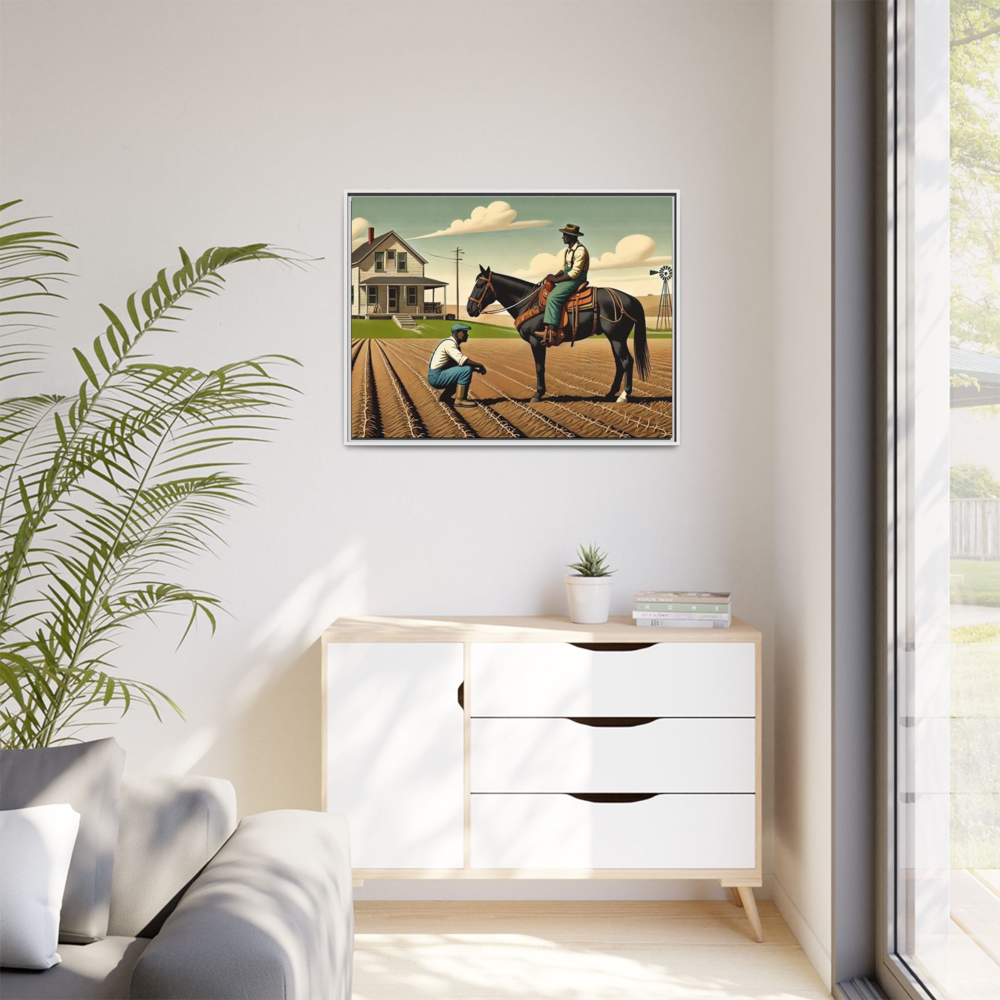Artwork of an African American queer couple working together on a farm in a serene, vintage-inspired landscape. One man sits on horseback, gazing warmly at his partner, who examines the soil, symbolizing their partnership in both love and labor. The scene captures resilience, companionship, and the beauty of rural life.