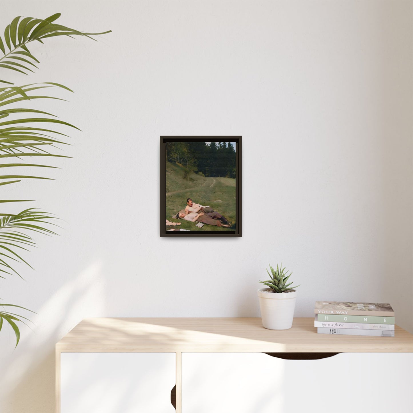 A framed vintage portrait on matte canvas featuring Anthony and Claude in the Belluno Dolomites, capturing nature, serenity, and timeless connection. Gay Couple, LGBTQ Soldiers