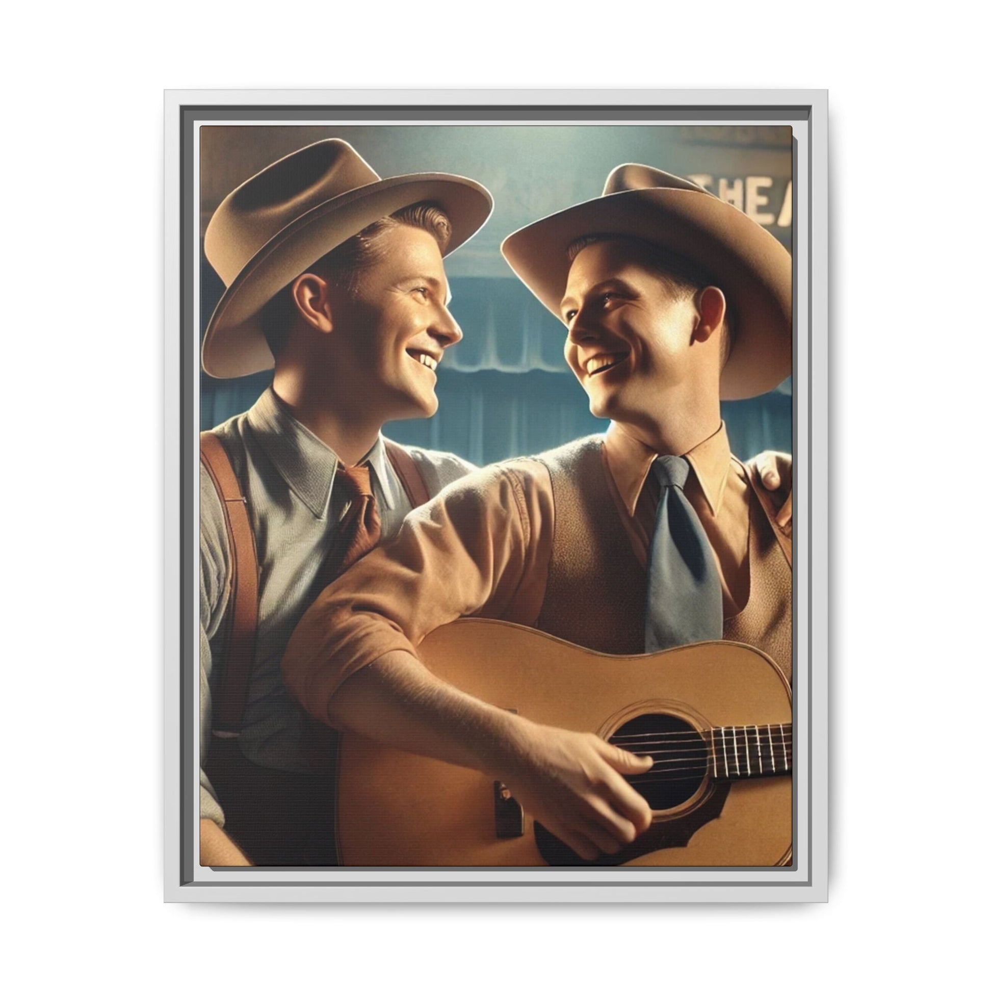 Artwork of a gay couple recording a country-western song in a 1930s-style studio. Dressed in classic Western attire with wide-brimmed hats and button-up shirts, the two men share an affectionate gaze, capturing love and unity in a nostalgic, vintage setting.