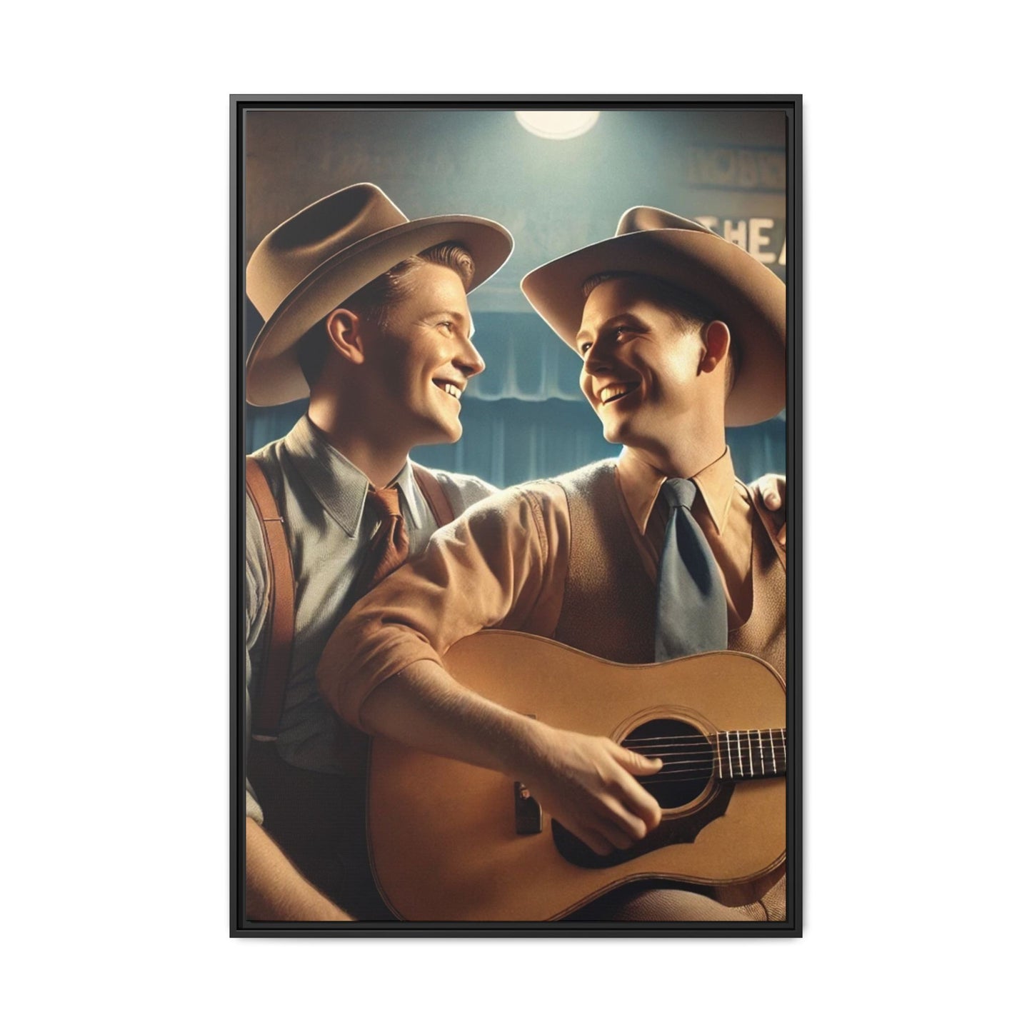 Artwork of a gay couple recording a country-western song in a 1930s-style studio. Dressed in classic Western attire with wide-brimmed hats and button-up shirts, the two men share an affectionate gaze, capturing love and unity in a nostalgic, vintage setting.