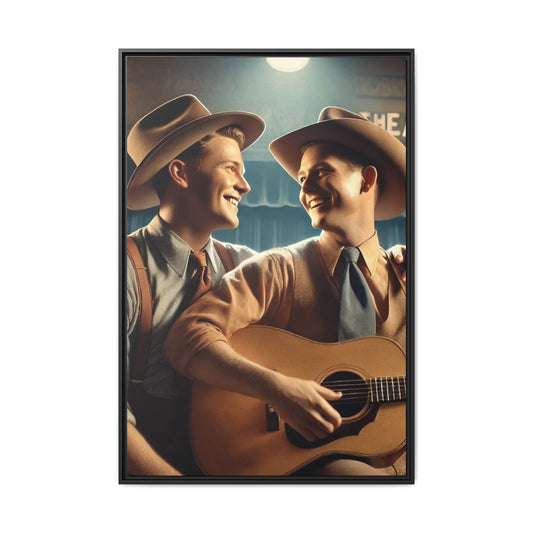 Artwork of a gay couple recording a country-western song in a 1930s-style studio. Dressed in classic Western attire with wide-brimmed hats and button-up shirts, the two men share an affectionate gaze, capturing love and unity in a nostalgic, vintage setting.