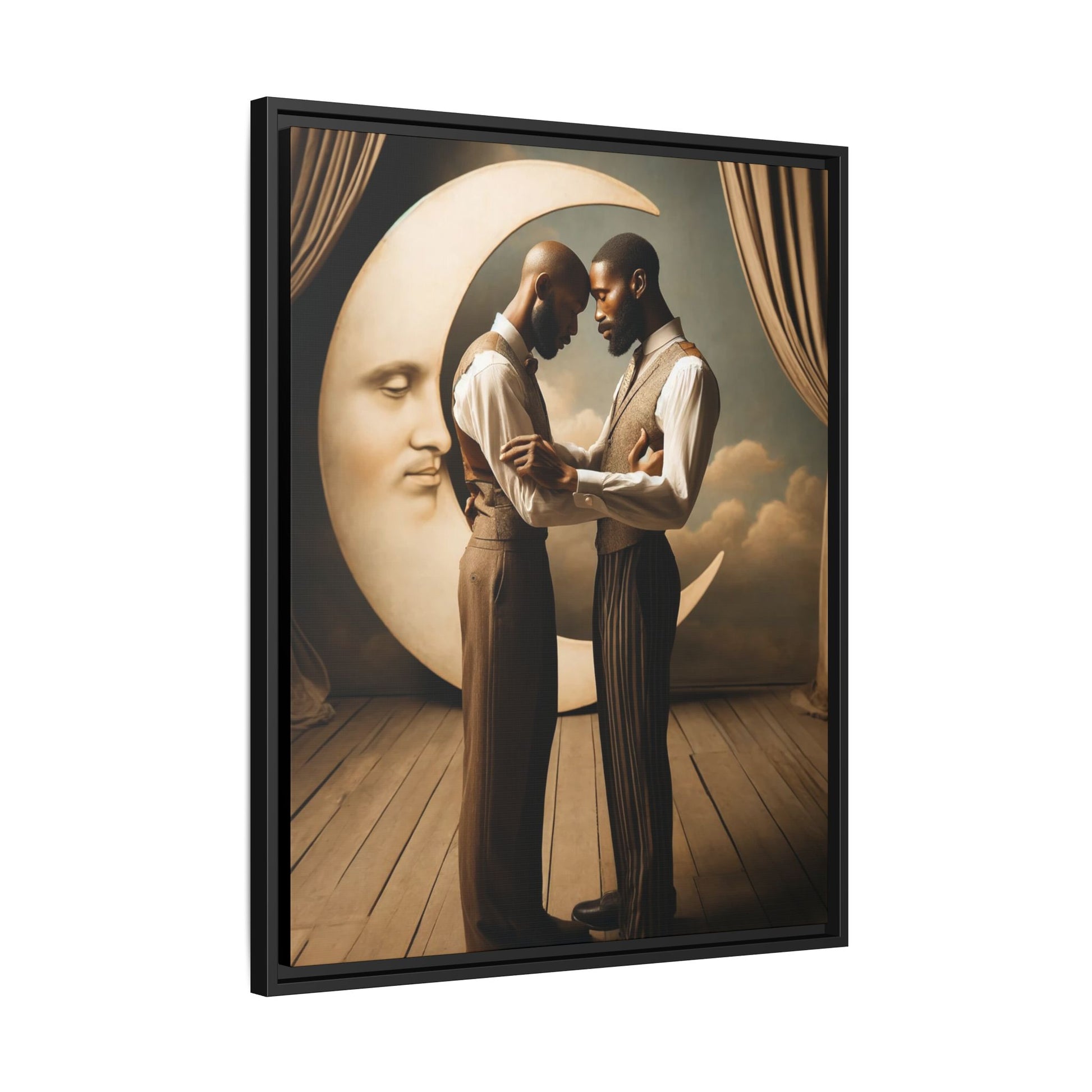 Two Black men in vintage 1920s clothing stand forehead to forehead, embraced beneath a glowing crescent moon. A theatrical scene honoring queer love, memory, and history, reclaiming moments that were never captured due to cultural bias.