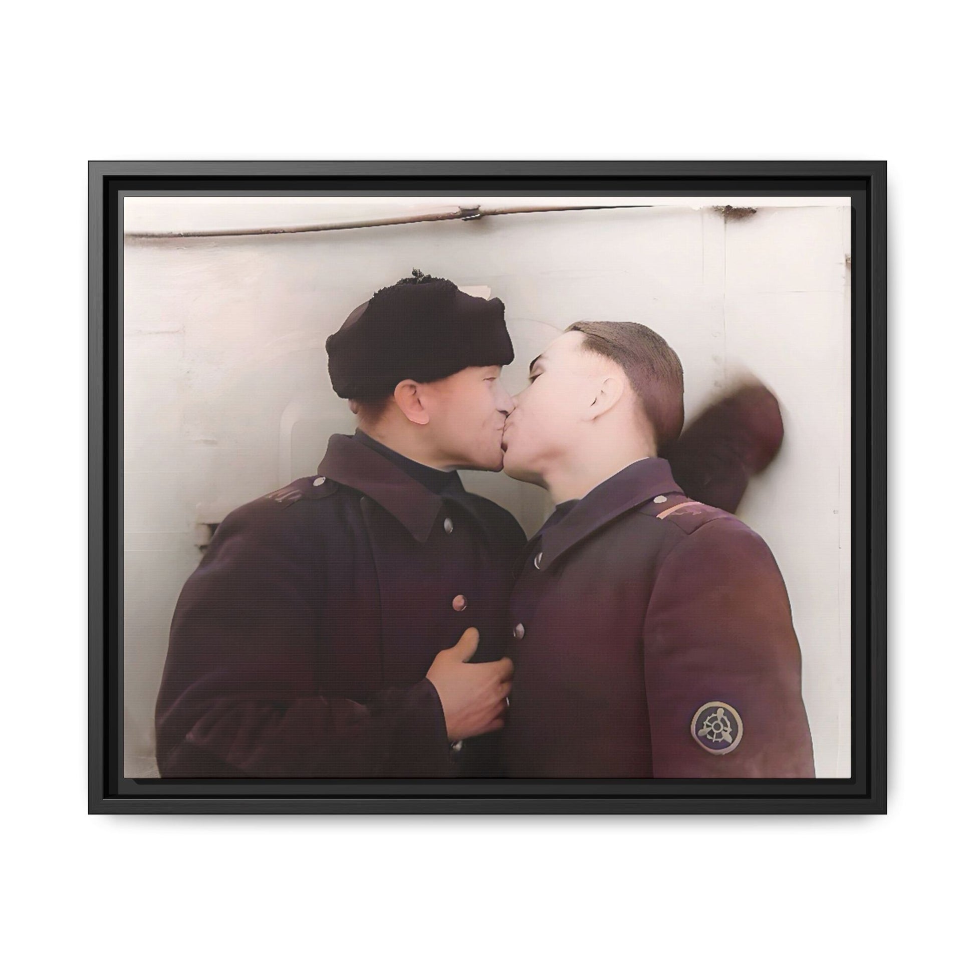 A restored vintage photograph of two Russian soldiers in uniform sharing an intimate moment at a military outpost in Surgut, Russia. Their embrace reflects resilience, love, and defiance against societal norms, making this a powerful tribute to LGBTQ+ history and wartime romance. Винтажное фото | гей-пара