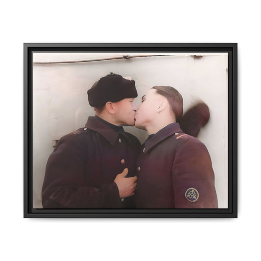A restored vintage photograph of two Russian soldiers in uniform sharing an intimate moment at a military outpost in Surgut, Russia. Their embrace reflects resilience, love, and defiance against societal norms, making this a powerful tribute to LGBTQ+ history and wartime romance. Винтажное фото | гей-пара