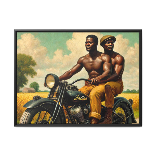 Framed artwork of an African-American gay couple riding a vintage motorcycle through scenic Iowa countryside, celebrating love and unity. Grant Wood Inspired