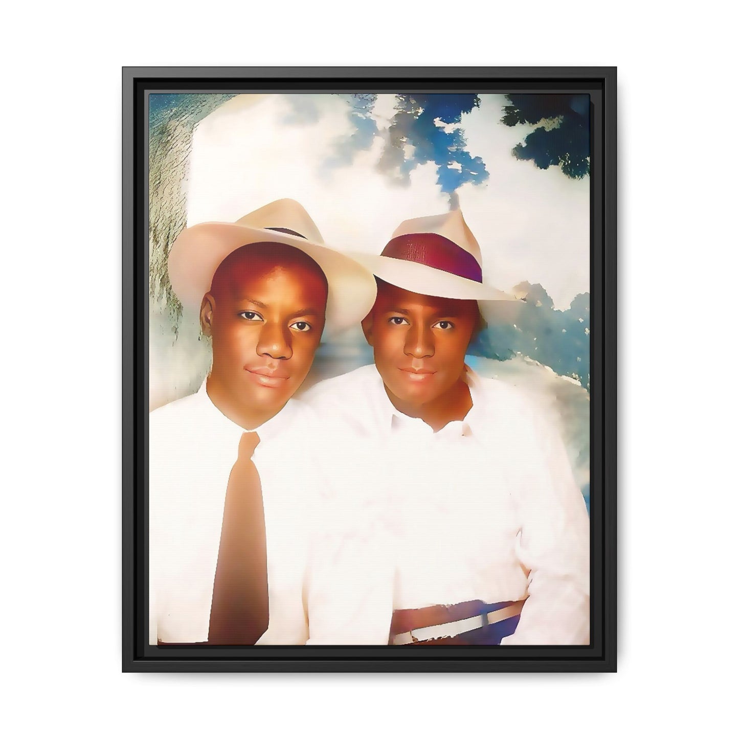 A restored vintage portrait of Bryson & Damien in Taylor, Mississippi. This framed matte canvas celebrates LGBTQ+ history, Southern charm, and timeless love. African American Gay Couple
