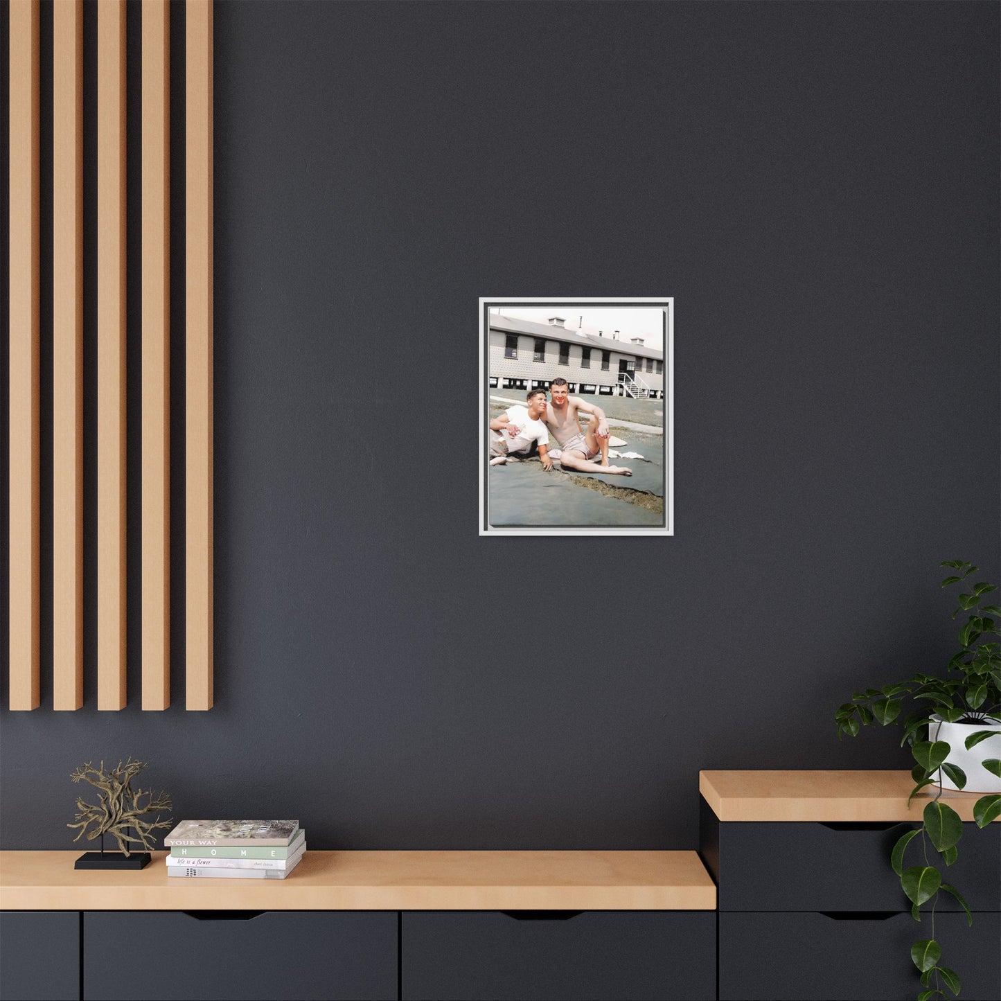 A framed vintage military portrait on matte canvas featuring Wayne and Jerry at Camp Blanding, Florida, capturing a timeless LGBTQ+ connection and companionship.
Gay Couple