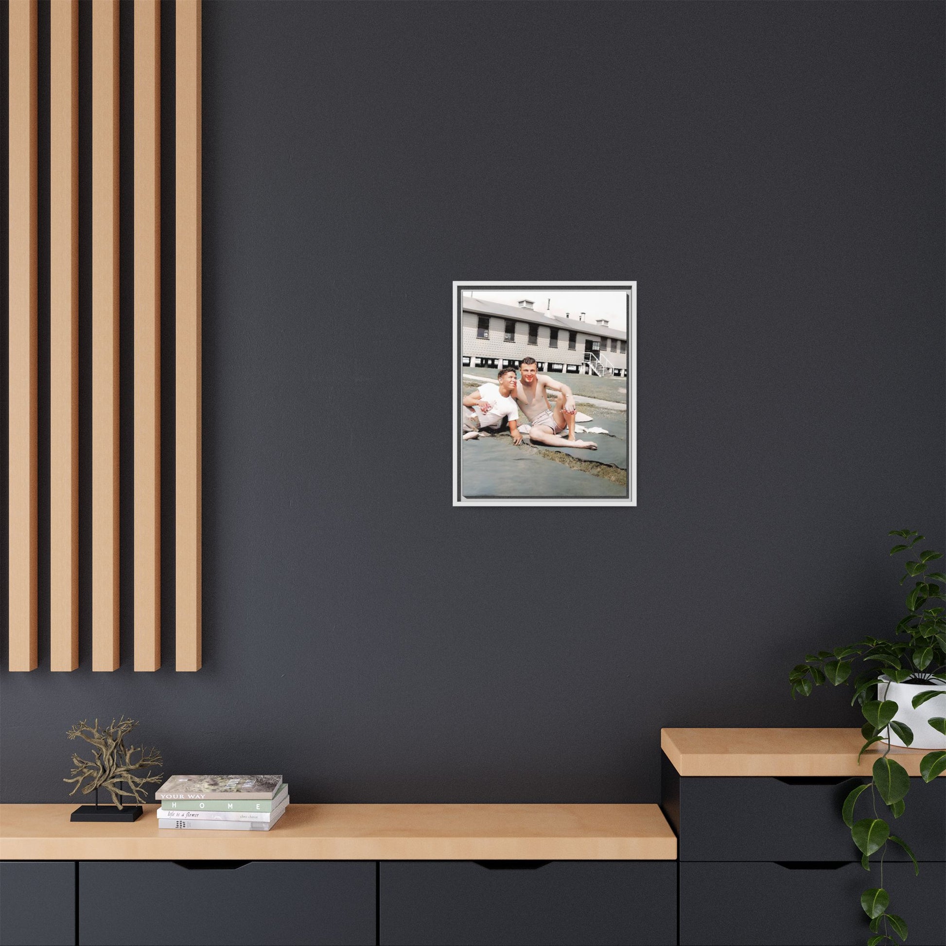 A framed vintage military portrait on matte canvas featuring Wayne and Jerry at Camp Blanding, Florida, capturing a timeless LGBTQ+ connection and companionship.
Gay Couple