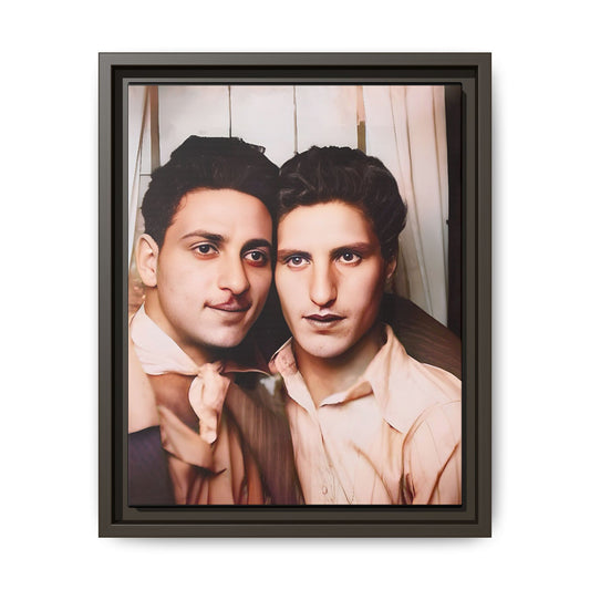 A framed vintage photo booth portrait on matte canvas featuring Juan and Lawrence in Santa Monica, California, capturing timeless LGBTQ+ love and companionship. Gay Couple