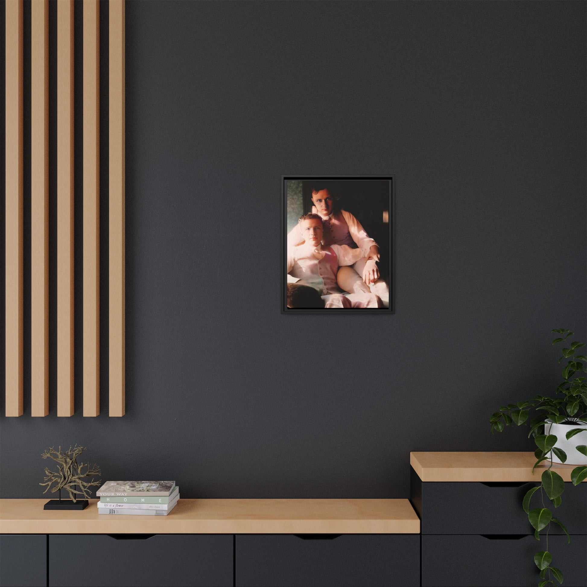 Restored vintage photograph of James and Henry, an early 1900s LGBTQ+ couple from Dayton, Ohio, sharing an intimate, sunlit moment. Framed matte canvas print celebrating love, devotion, and LGBTQ+ history. Gay Couple Affectionate Men