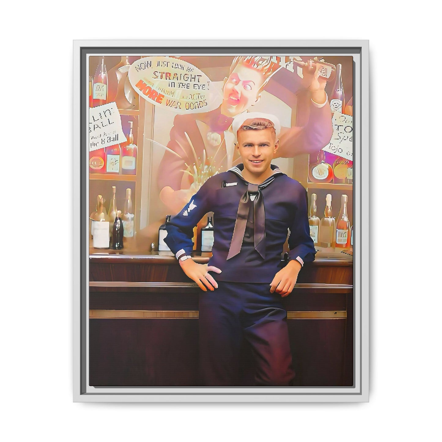 A restored WWII-era portrait of Charles at Brooklyn Navy Yard, New York. This framed matte canvas print captures the resilience and camaraderie of wartime sailors, featuring vintage war bond advertisements and classic Navy charm.