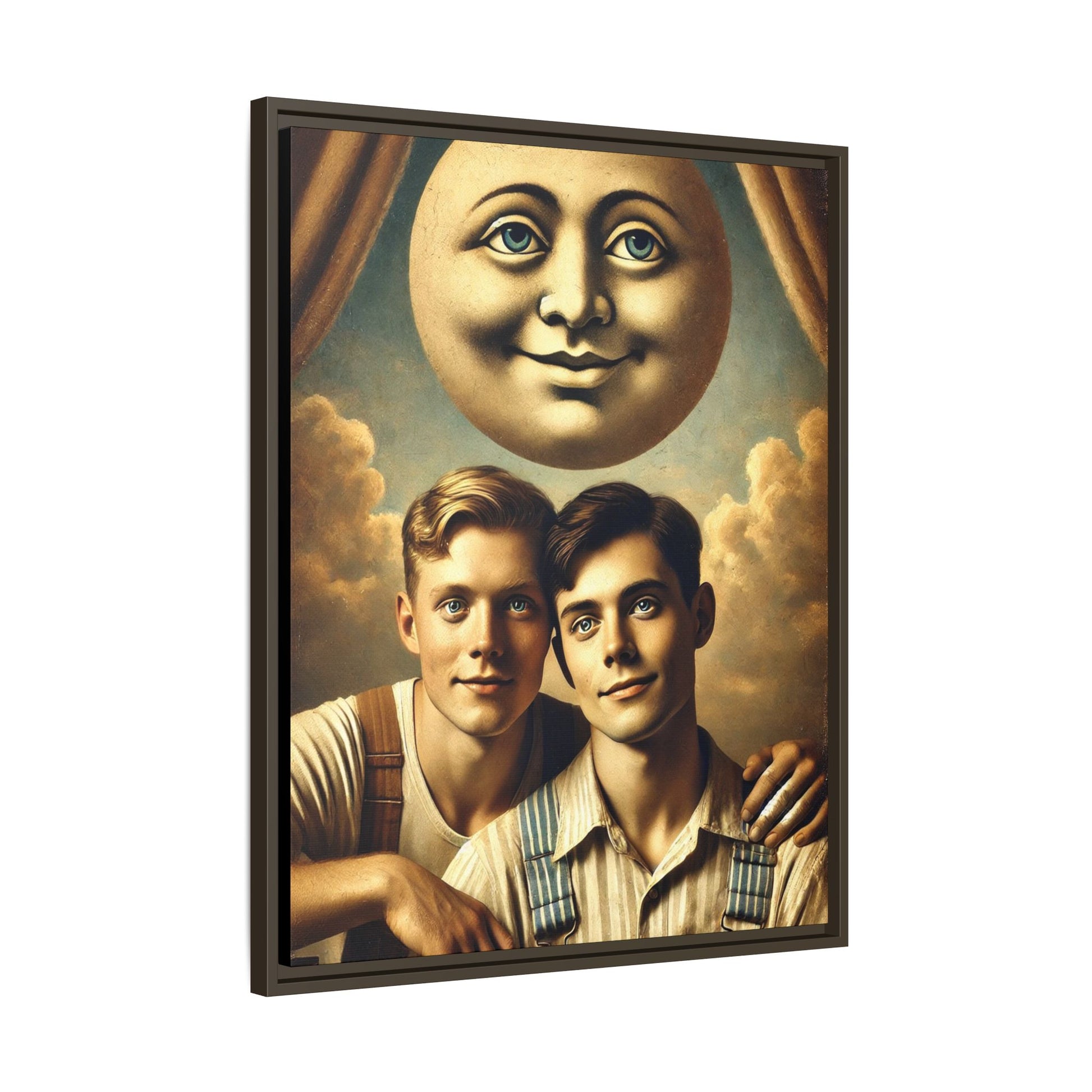 Framed matte canvas portrait featuring two young men in vintage overalls with a crescent moon prop above them. This artwork from the Missing Art Studies series reclaims LGBTQ+ imagery that may have been lost to bias, presenting warmth, intimacy, and presence.
