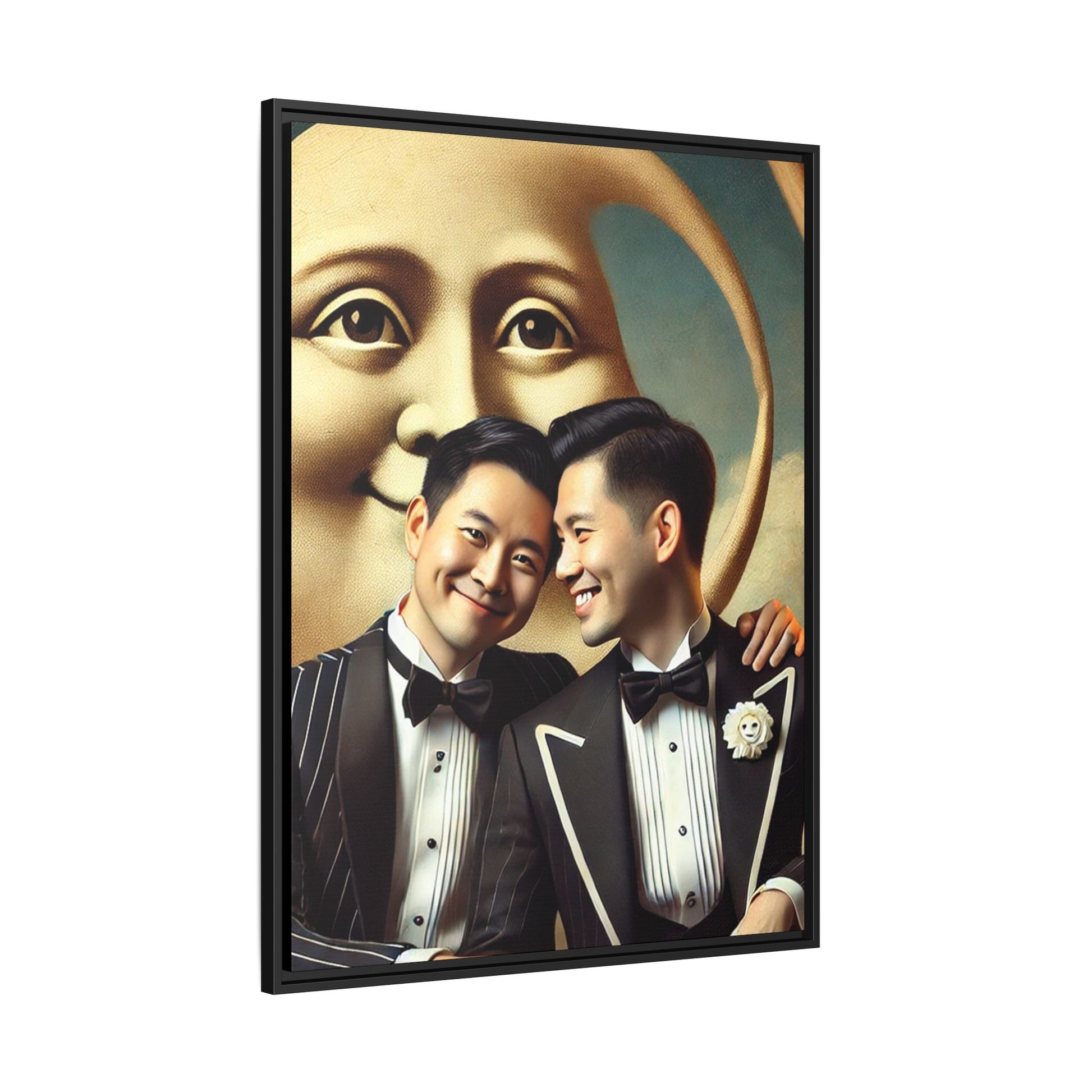 Framed matte canvas featuring a joyful queer Asian couple in tuxedos standing beneath a crescent moon. This artwork, part of the Missing Art Studies series, reimagines erased queer histories with warmth, dignity, and vintage-inspired style.
