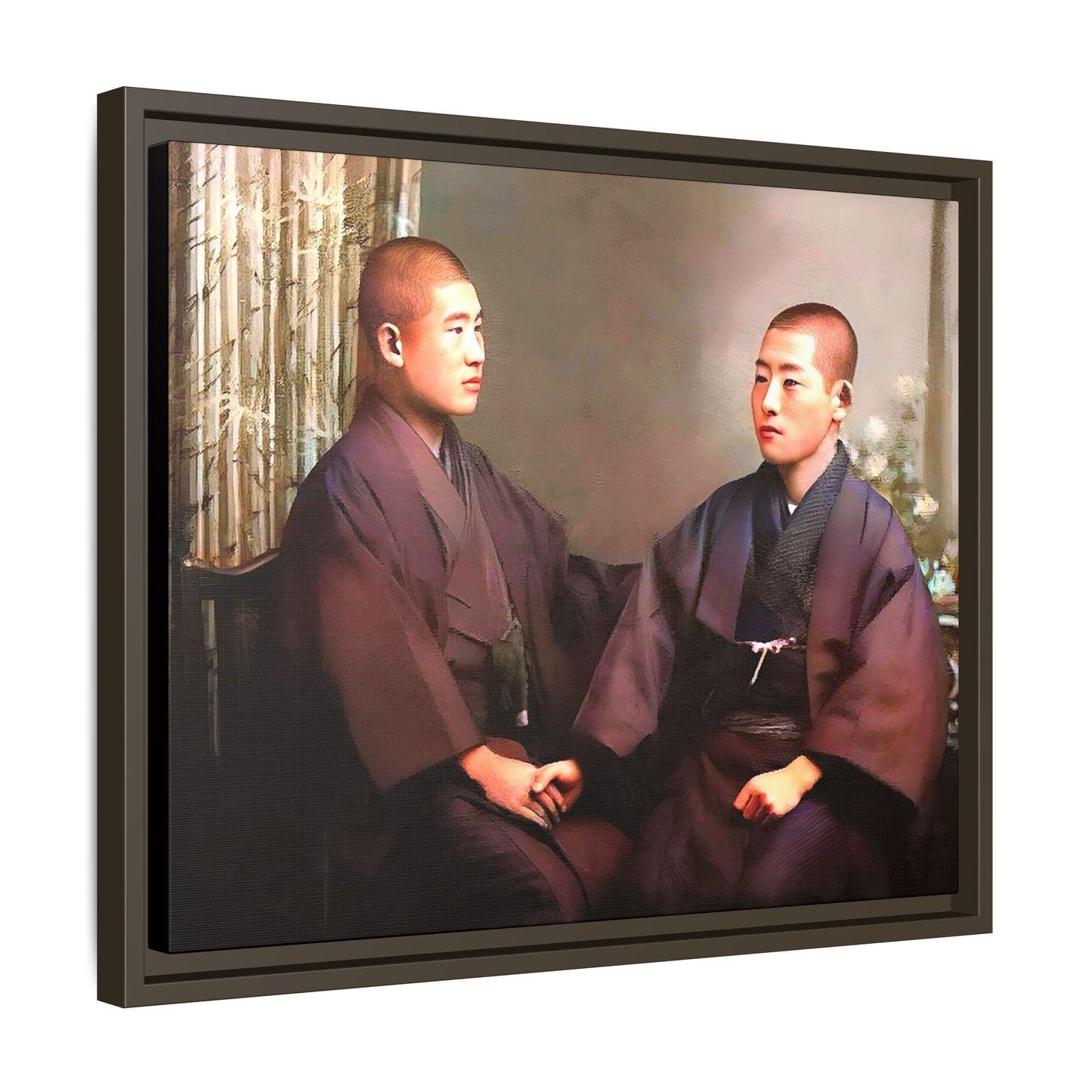 A vintage portrait of Hiroto & Atsushi in Kyoto, Japan. This framed matte canvas celebrates LGBTQ+ love, cultural heritage, and timeless elegance, making it a unique and meaningful art piece for collectors and history enthusiasts. Gay Couple