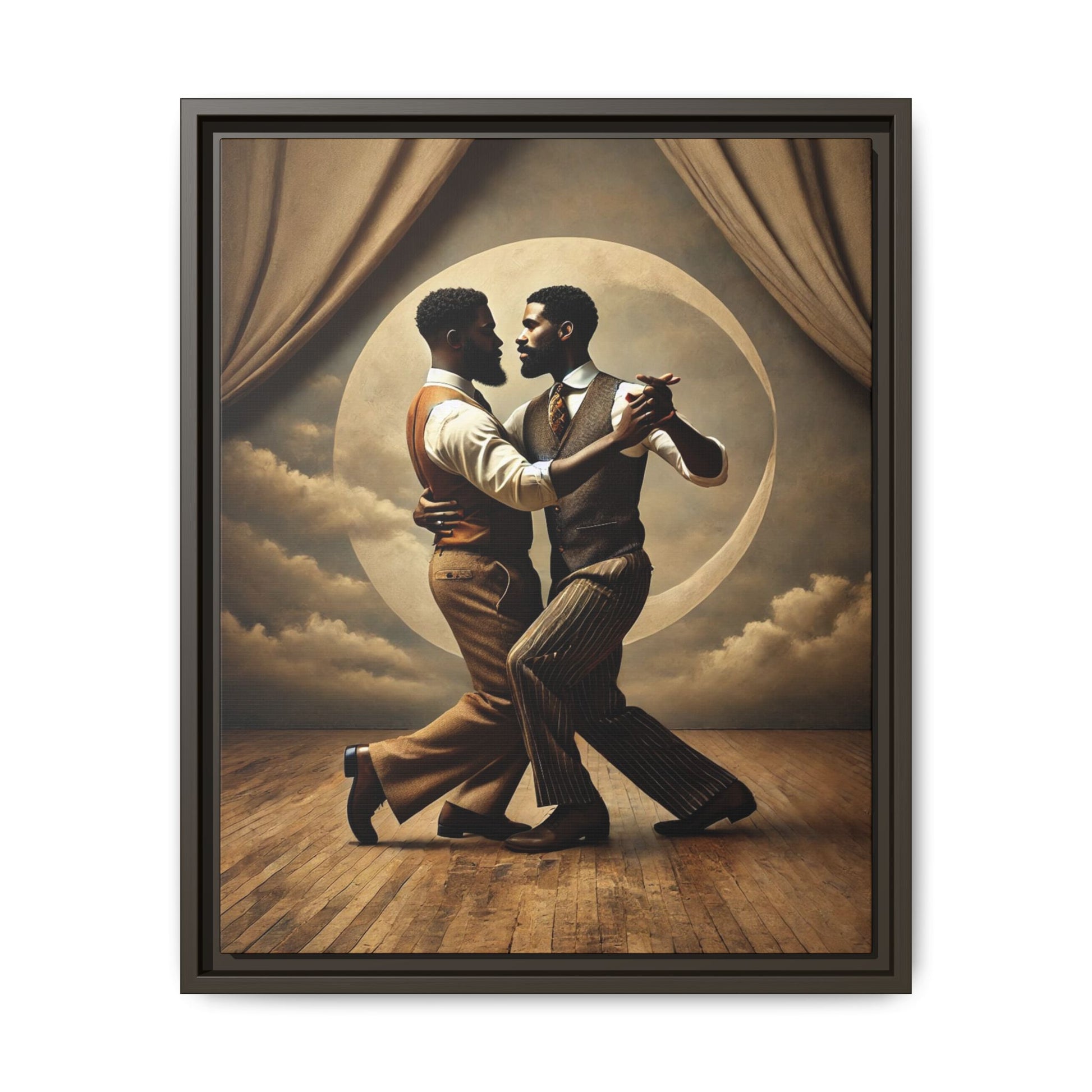 Original artwork of two Black men ballroom dancing in vintage 1920s suits under a glowing moon backdrop. A romantic and powerful tribute to queer love and Black history that reclaims moments lost to systemic bias and cultural erasure.