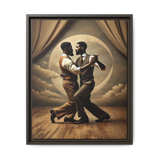 Original artwork of two Black men ballroom dancing in vintage 1920s suits under a glowing moon backdrop. A romantic and powerful tribute to queer love and Black history that reclaims moments lost to systemic bias and cultural erasure.