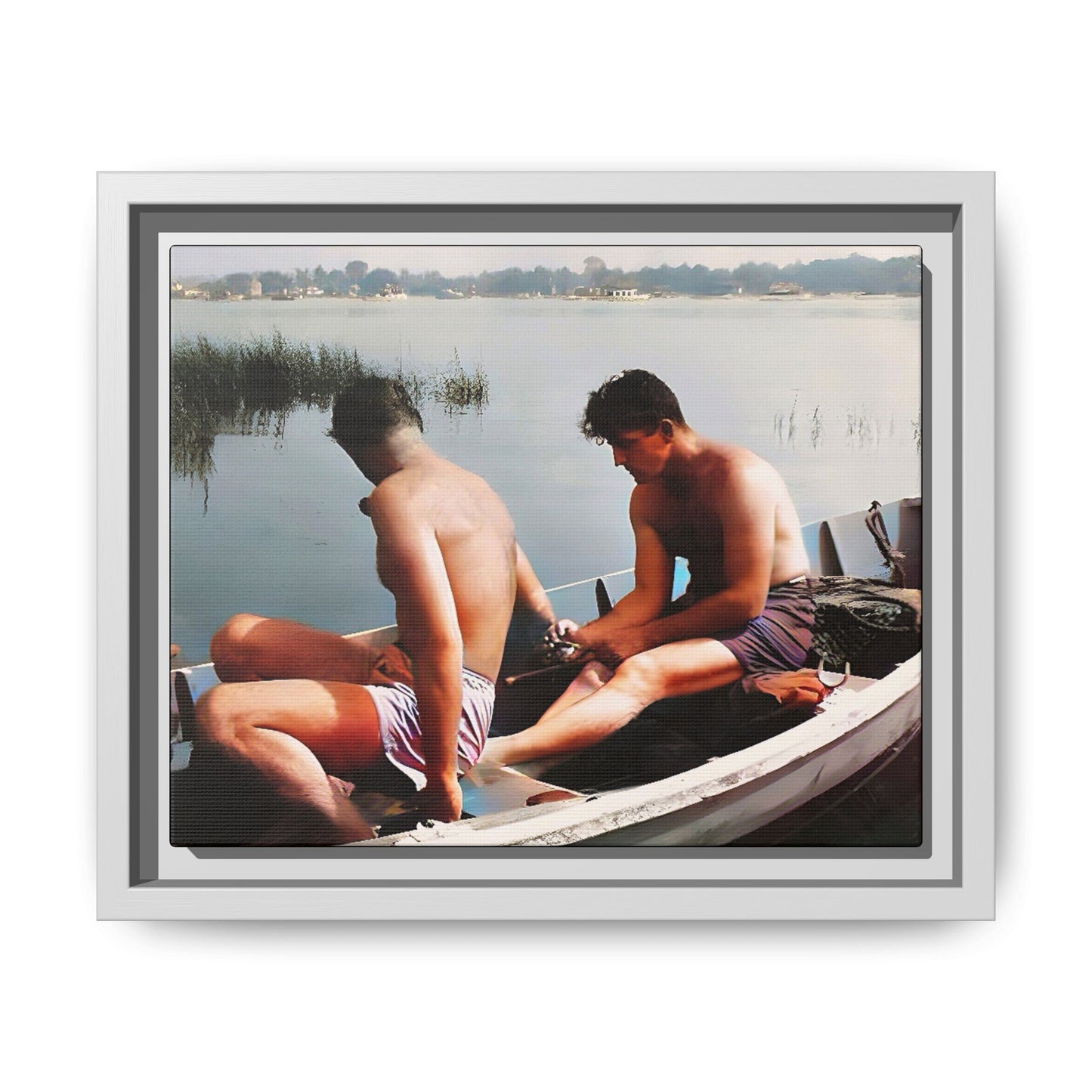 A restored vintage photo of Ned & Marty in a boat at Cape May, New Jersey. This framed matte canvas captures a serene LGBTQ+ love story, offering a nostalgic and timeless nautical scene perfect for collectors and history enthusiasts. Gay Couple