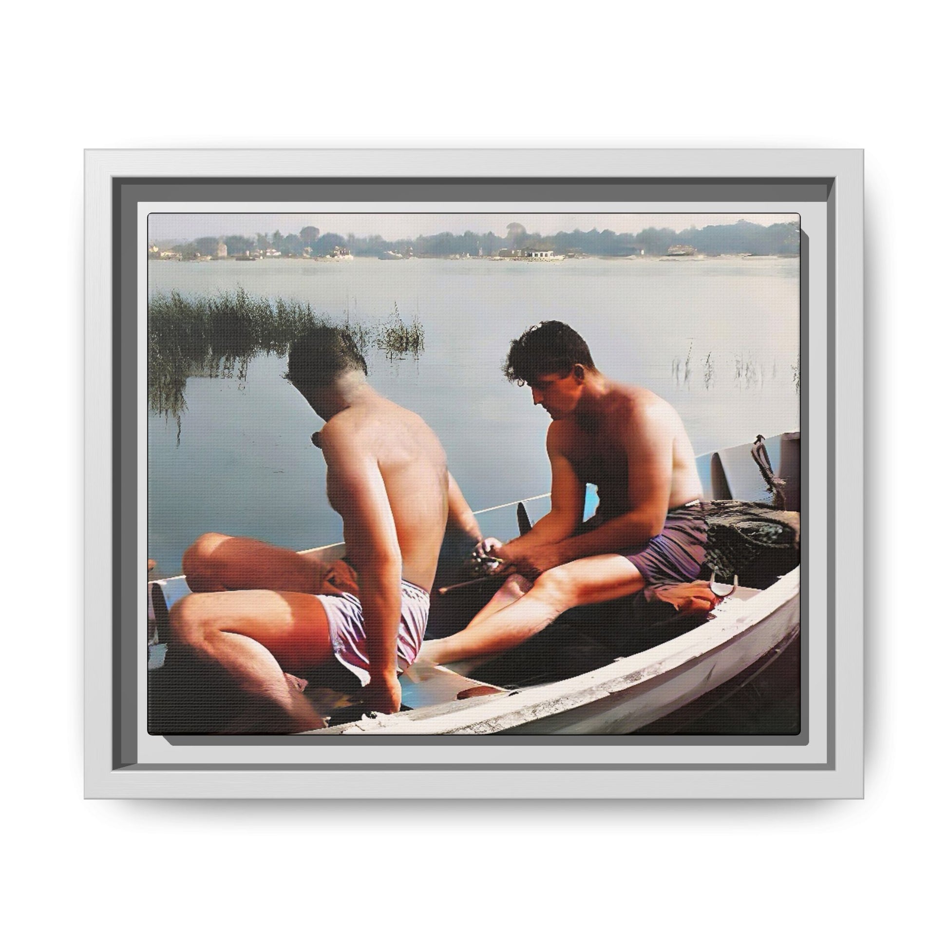 A restored vintage photo of Ned & Marty in a boat at Cape May, New Jersey. This framed matte canvas captures a serene LGBTQ+ love story, offering a nostalgic and timeless nautical scene perfect for collectors and history enthusiasts. Gay Couple