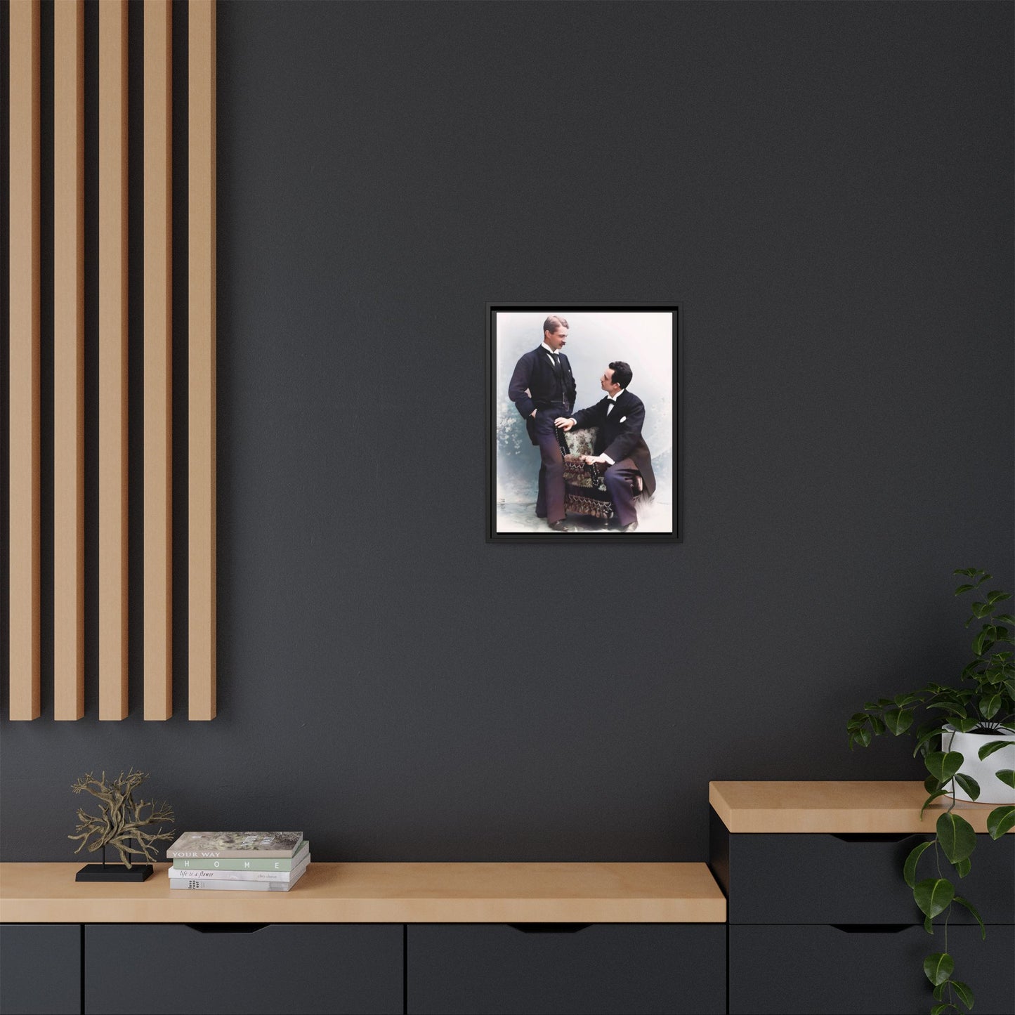 A beautifully restored vintage portrait of Ernest & Richard in Wilmington, North Carolina, exuding elegance and deep connection. Dressed in refined suits, their poised expressions capture a timeless LGBTQ+ love story, making this framed matte canvas print a stunning historical art piece for collectors and enthusiasts.