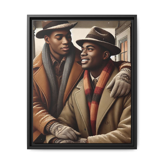 Artwork of an African-American queer couple sharing a cozy winter moment on a porch. Dressed in vintage winter attire with fedoras, scarves, and warm coats, they exchange affectionate gazes amidst softly falling snow, capturing love, warmth, and intimacy in a nostalgic winter setting.