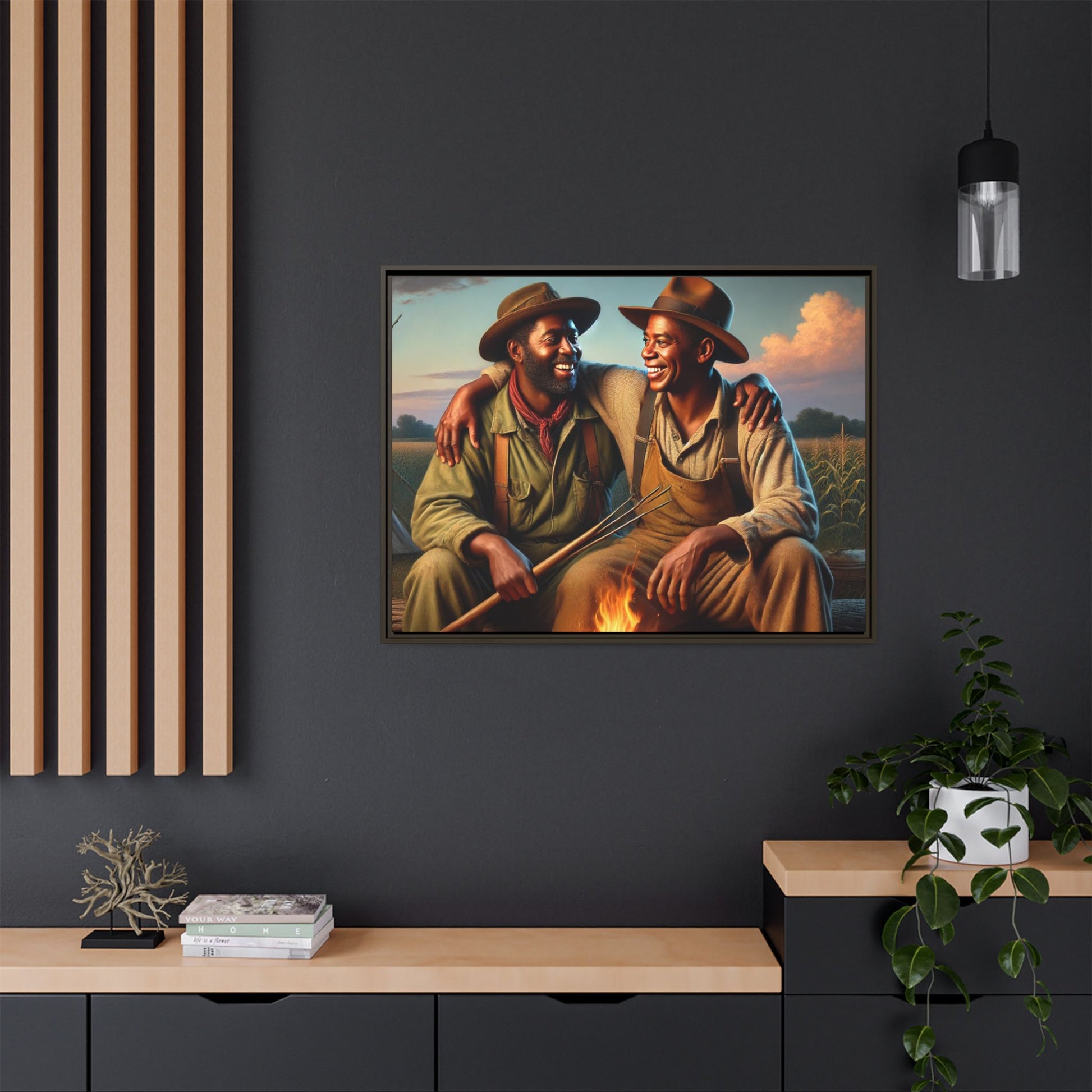 Artwork of an older African-American queer couple sharing a warm, joyful moment by a campfire in rural Iowa. Set against vast fields and an open sky, the scene captures love, resilience, and the nostalgic beauty of Americana, with firelight illuminating their laughter and companionship