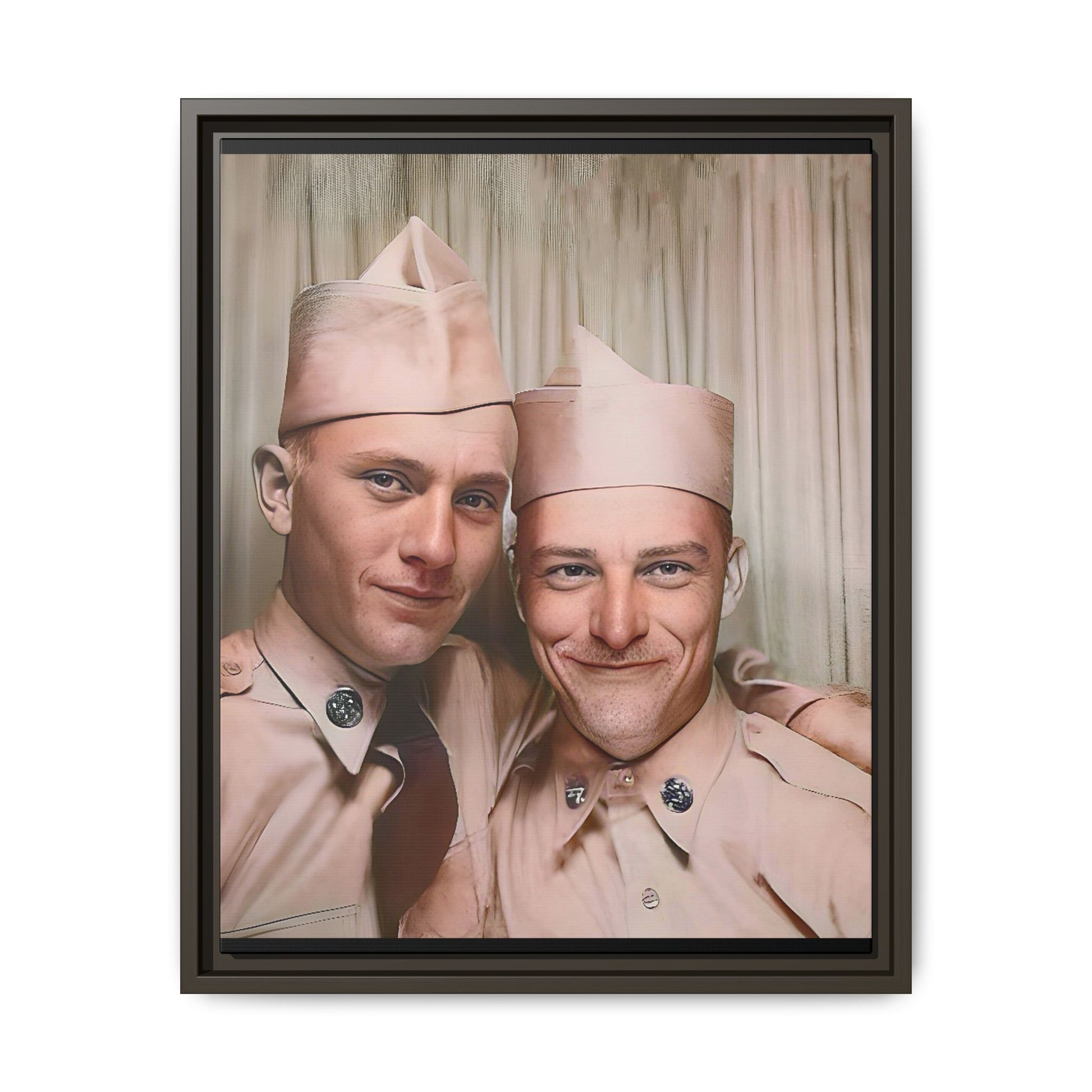 A framed vintage army portrait on matte canvas featuring two soldiers at Puget Sound Naval Shipyard, symbolizing friendship and service. Gay Couple Photo Booth