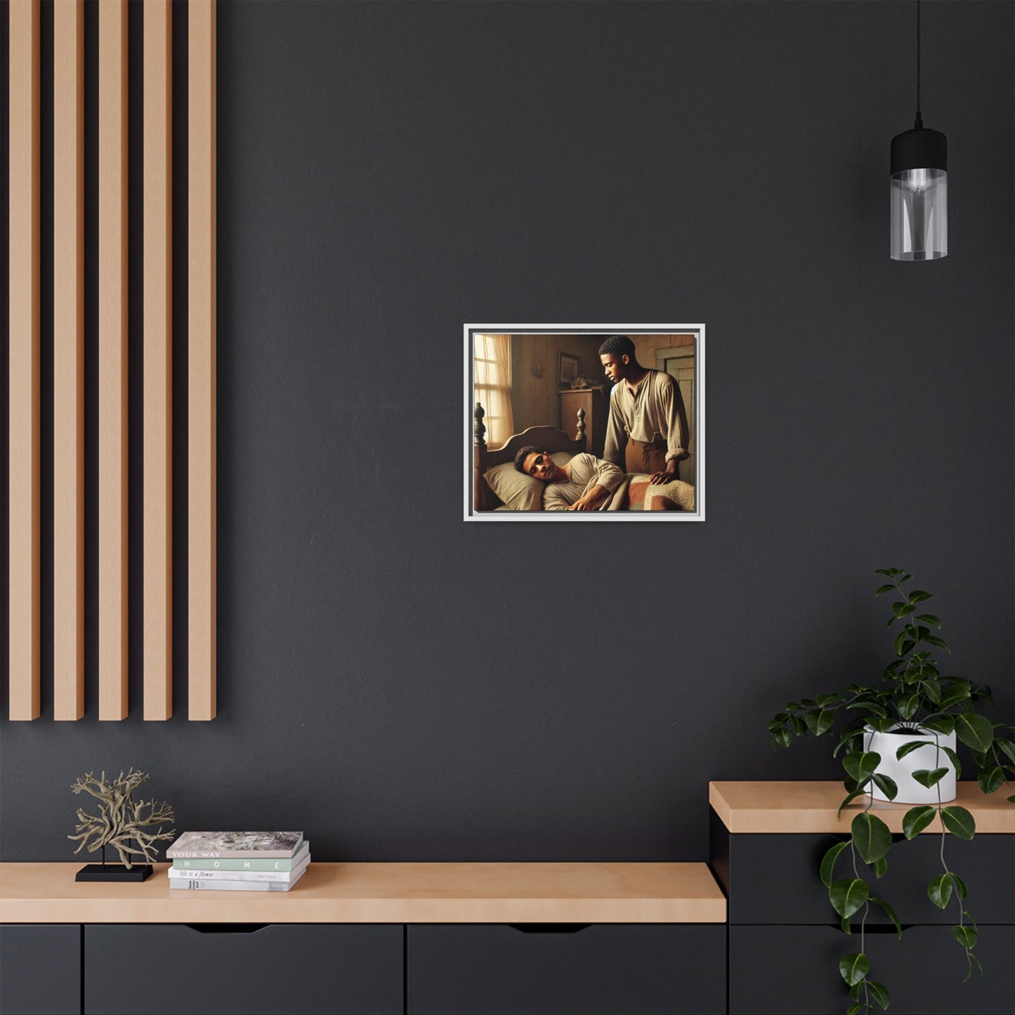 Grant 007 artwork depicting an African-American queer couple in a tender, intimate moment within a rustic bedroom. This scene, bathed in warm, nostalgic light, captures the love and quiet resilience of rural life, celebrating LGBTQ+ representation and African-American heritage.