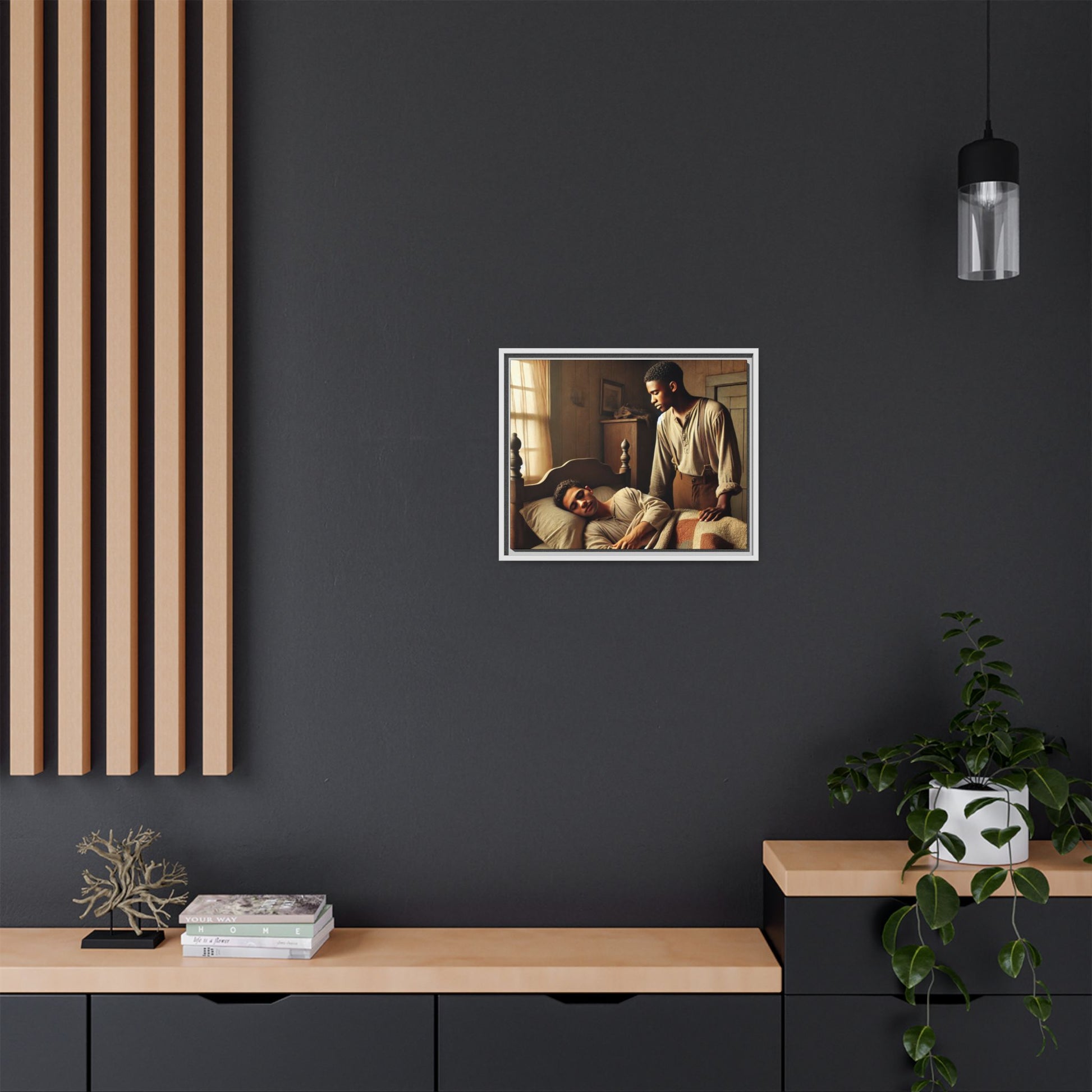 Grant 007 artwork depicting an African-American queer couple in a tender, intimate moment within a rustic bedroom. This scene, bathed in warm, nostalgic light, captures the love and quiet resilience of rural life, celebrating LGBTQ+ representation and African-American heritage.