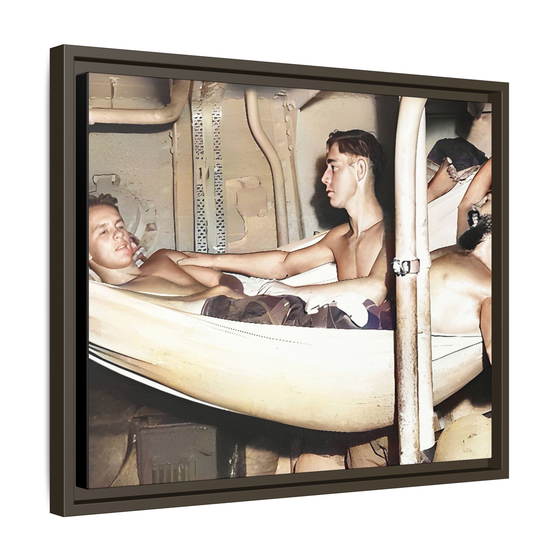 A framed vintage maritime photo on matte canvas featuring sailors aboard the Orleans, capturing life at sea and camaraderie.