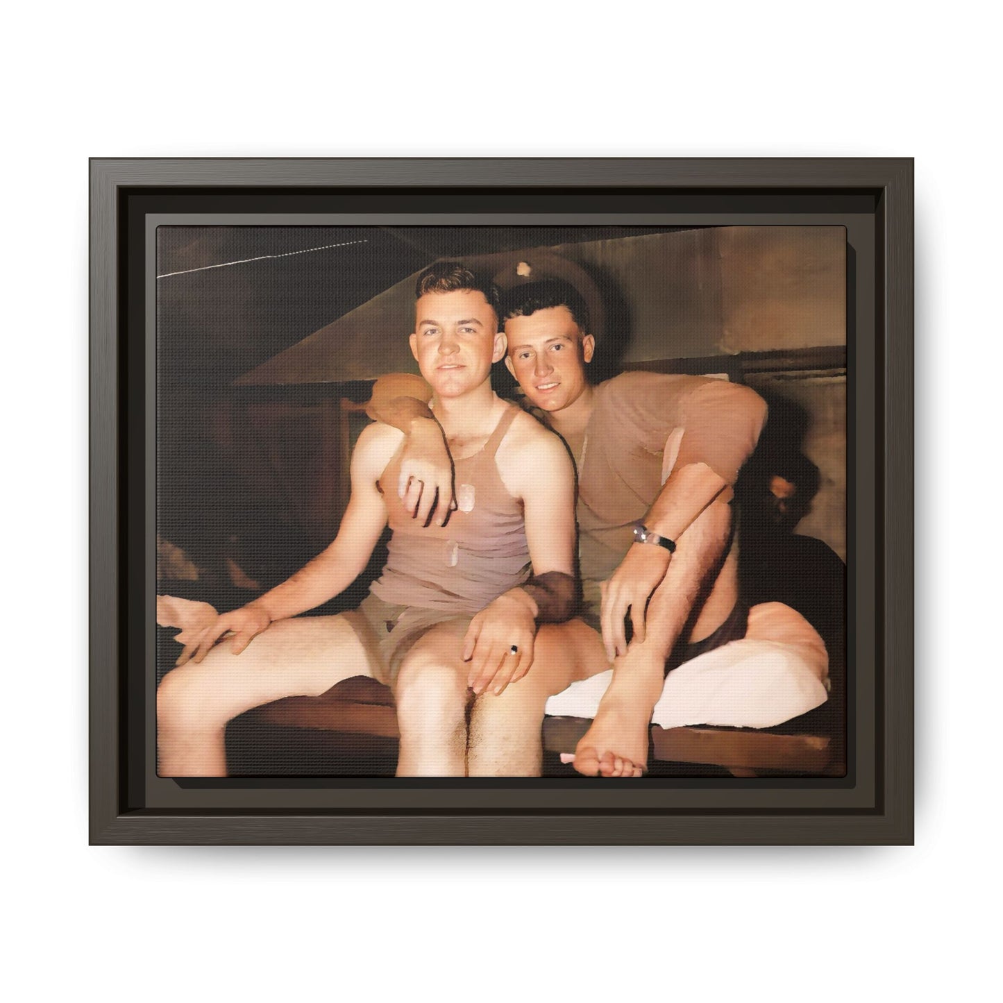 Barracks, Oahu. This framed canvas print honors LGBTQ+ history, military camaraderie, and timeless love, making it a unique and meaningful piece for collectors and history enthusiasts.