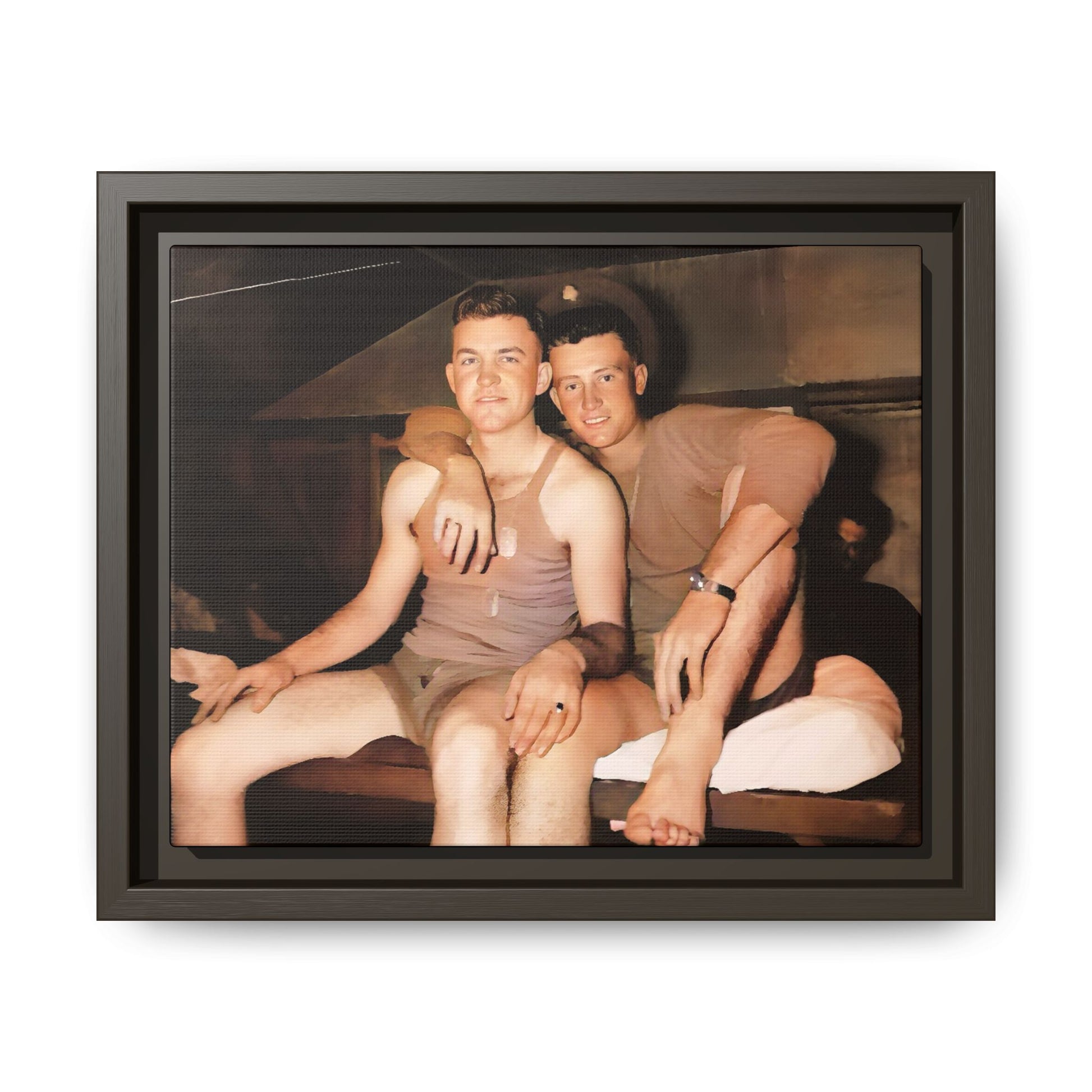 Barracks, Oahu. This framed canvas print honors LGBTQ+ history, military camaraderie, and timeless love, making it a unique and meaningful piece for collectors and history enthusiasts.