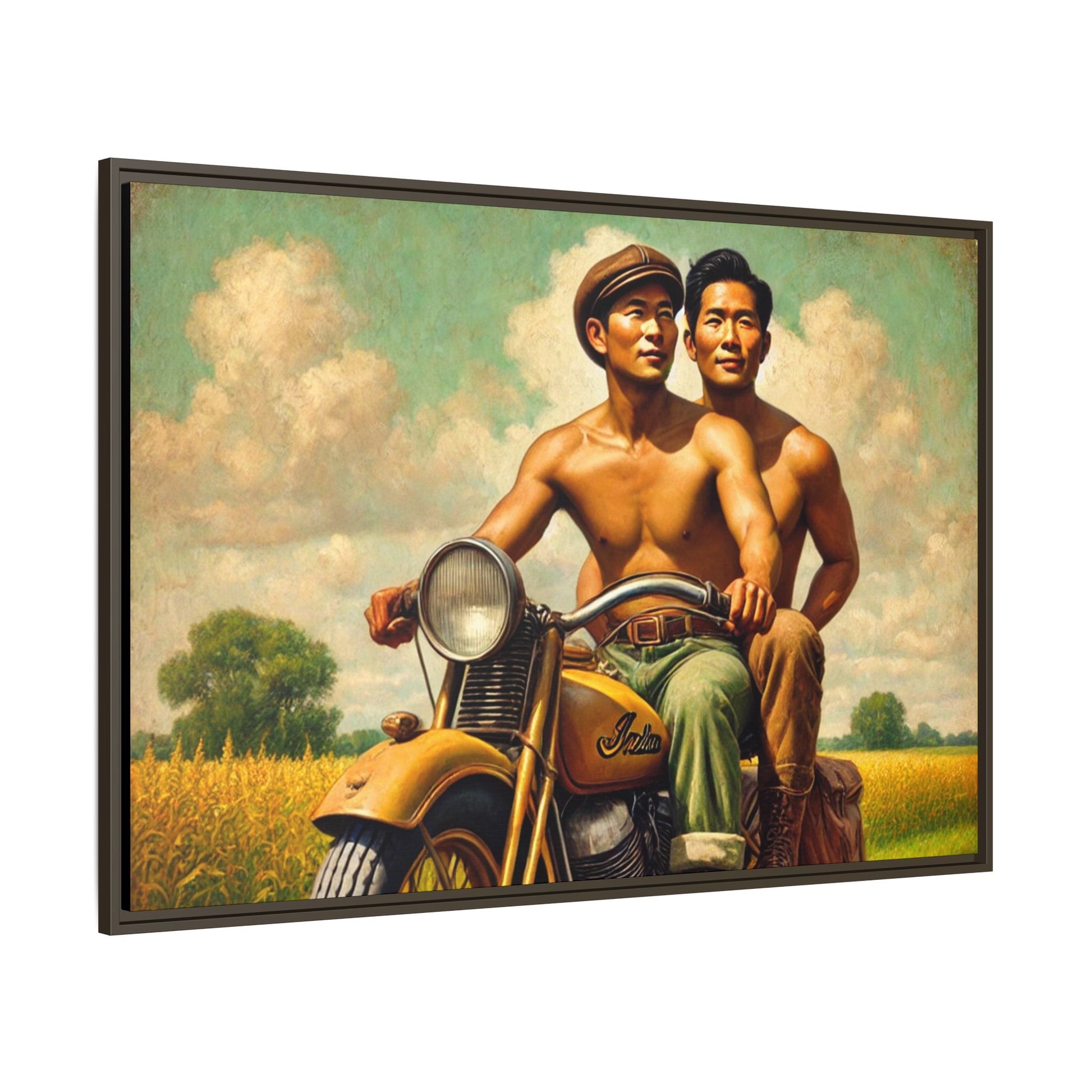 Framed artwork of an Asian-American gay couple riding a vintage yellow motorcycle through Iowa's serene countryside, celebrating love and unity. Grant Wood Inspired