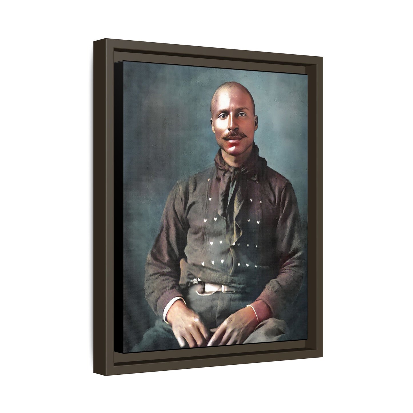 A vintage Western portrait of Jorge, capturing the rugged charm of the Old West in Mesa, Arizona. This framed matte canvas showcases resilience and classic cowboy style, perfect for rustic, Western, or Americana-inspired decor. Hispanic Latino