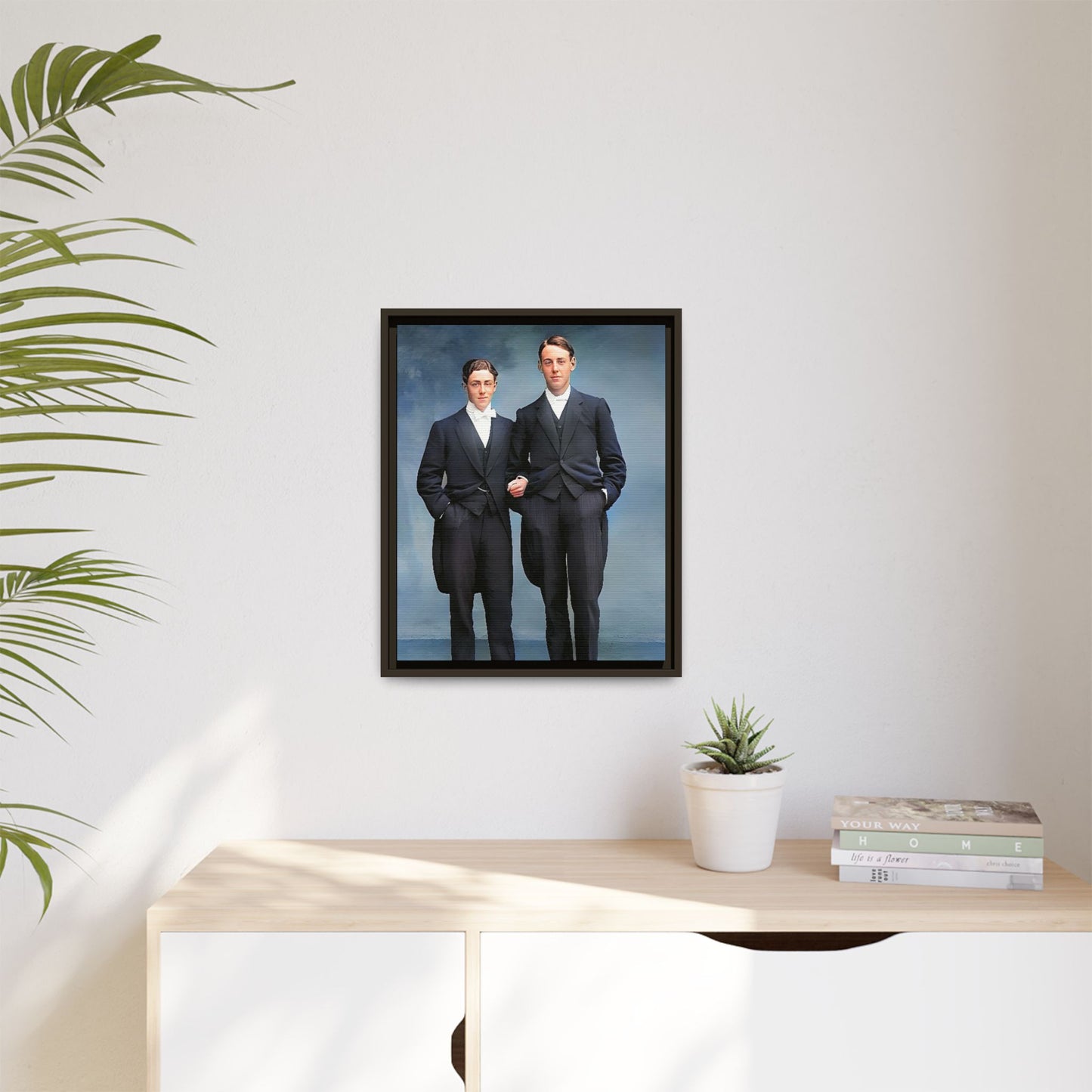 A framed vintage photo on matte canvas featuring a sophisticated LGBTQ+ couple in Rumson, NJ, capturing elegance and timeless love. Gay Formal Prom